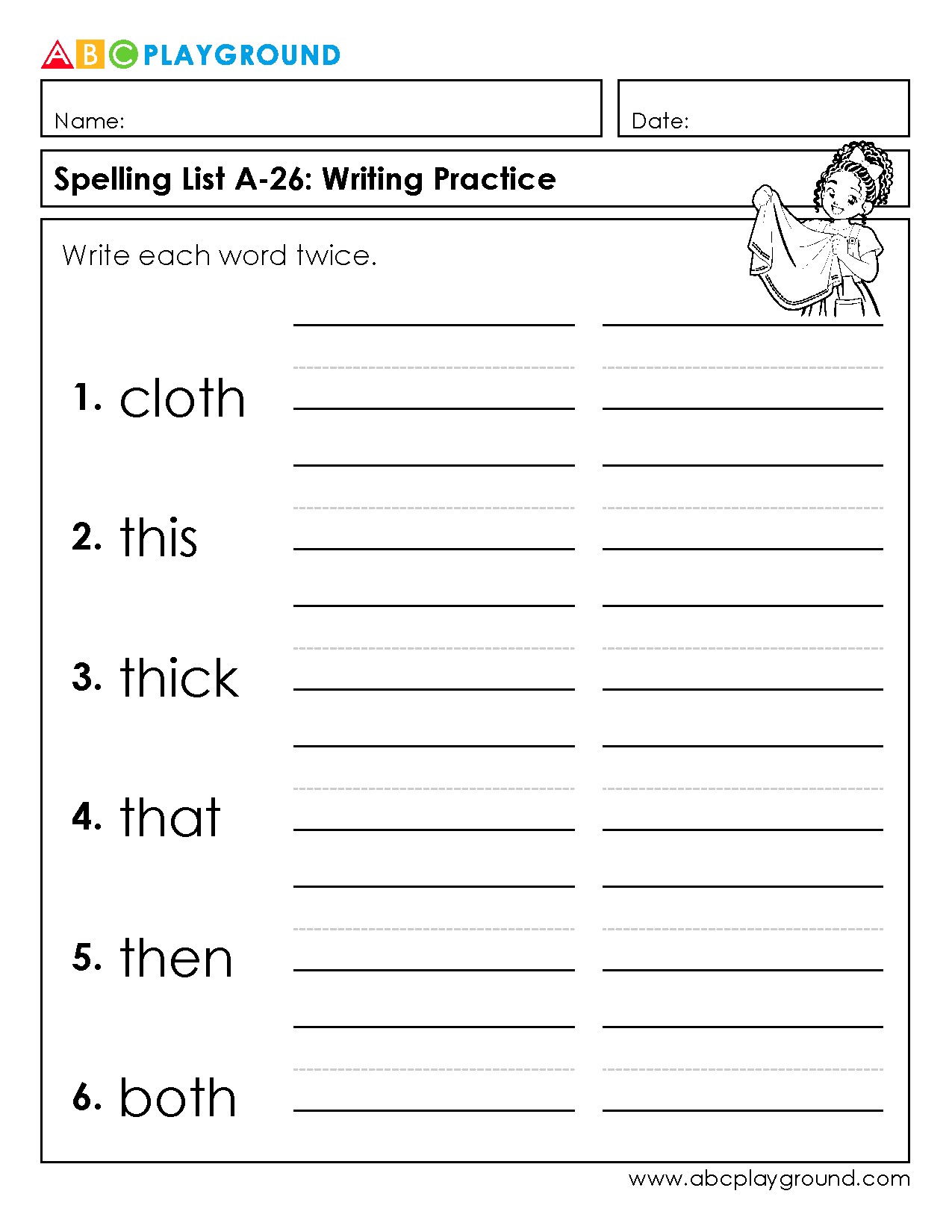 Spelling List Writing Practice - Write Each Word Twice