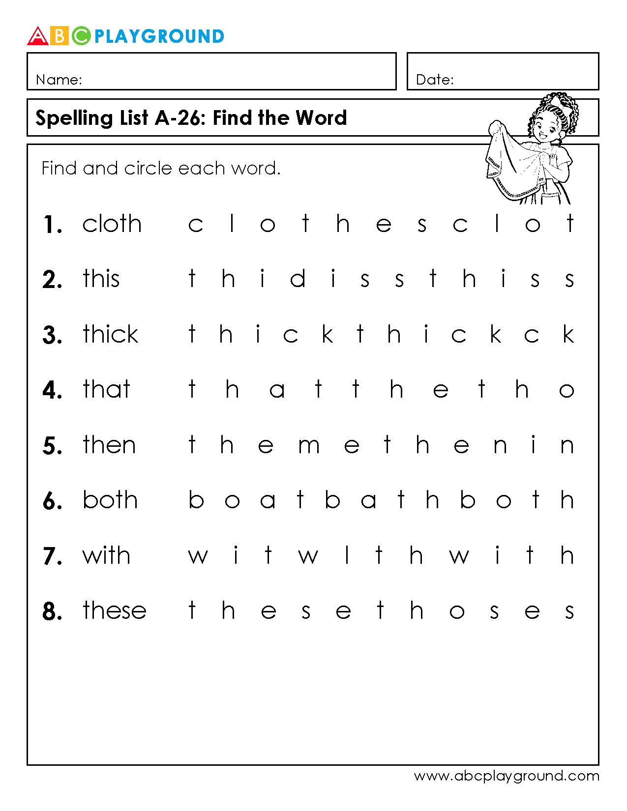 Find and Circle Words in Spelling List A-26