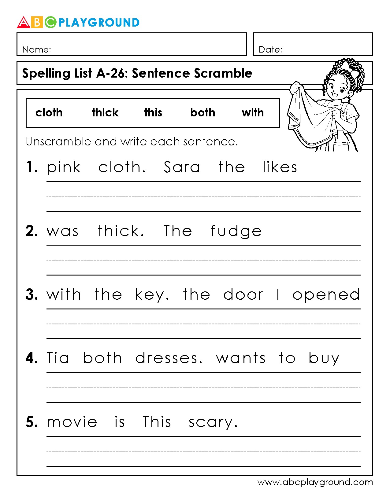 Sentence Scramble Spelling Practice Worksheet