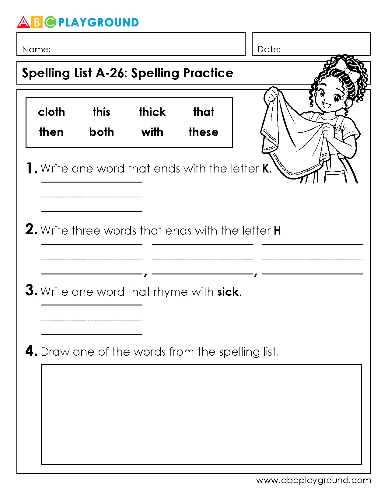 Spelling Practice Worksheet with Word Ending and Rhyming Tasks