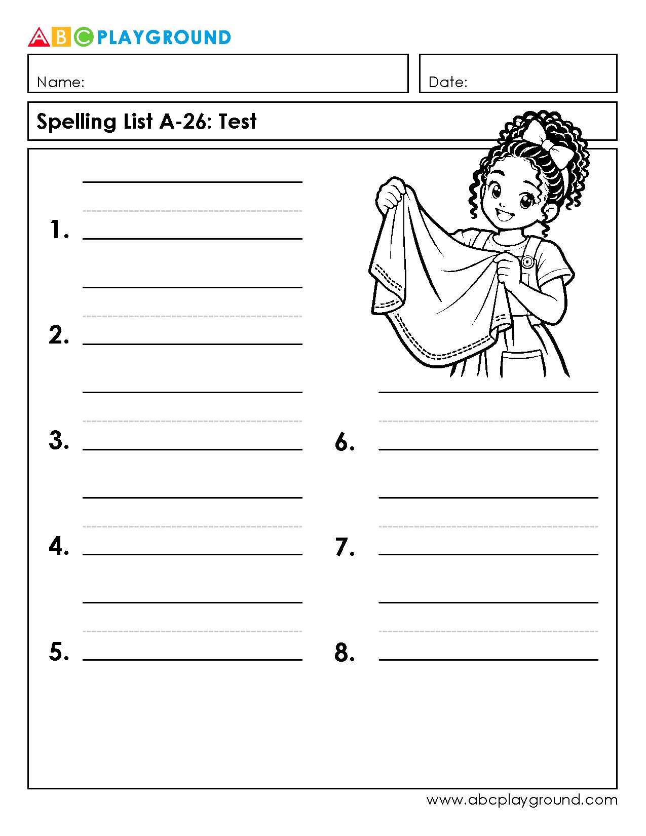 Printable Spelling Test Worksheet for Vocabulary Practice