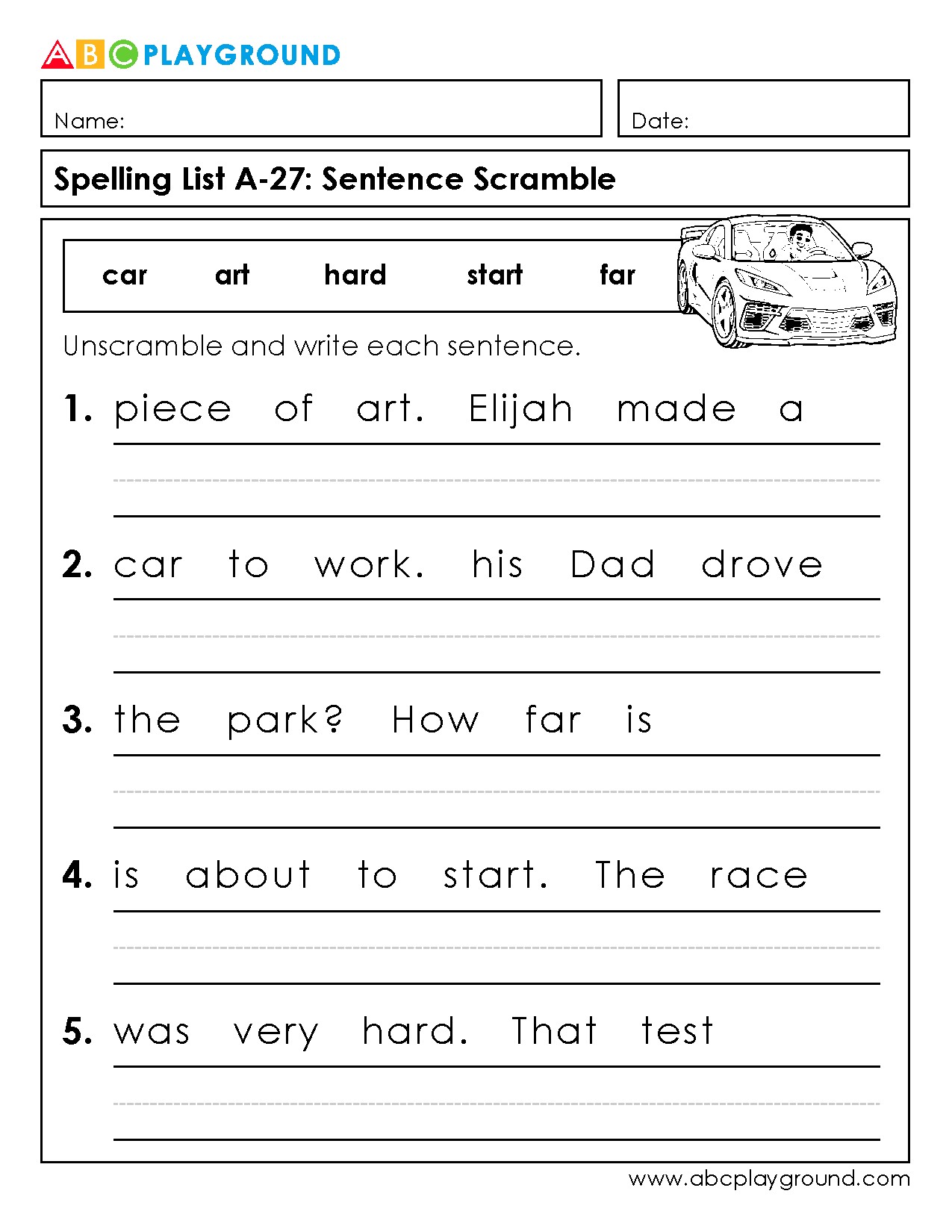Sentence Scramble Practice with Spelling Words