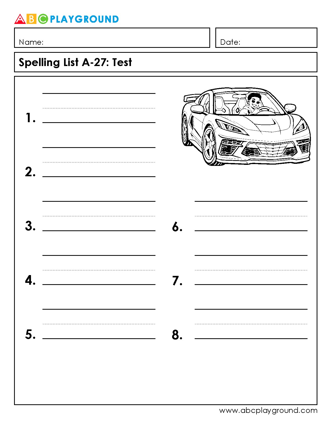 Spelling Test Worksheet with Numbered Writing Lines