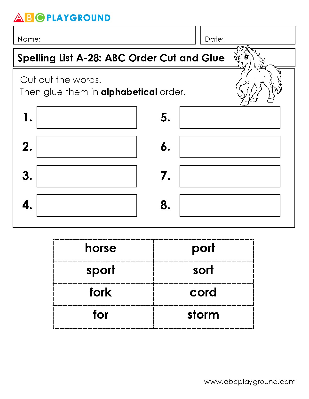 Cut and Glue Words in Alphabetical Order Worksheet