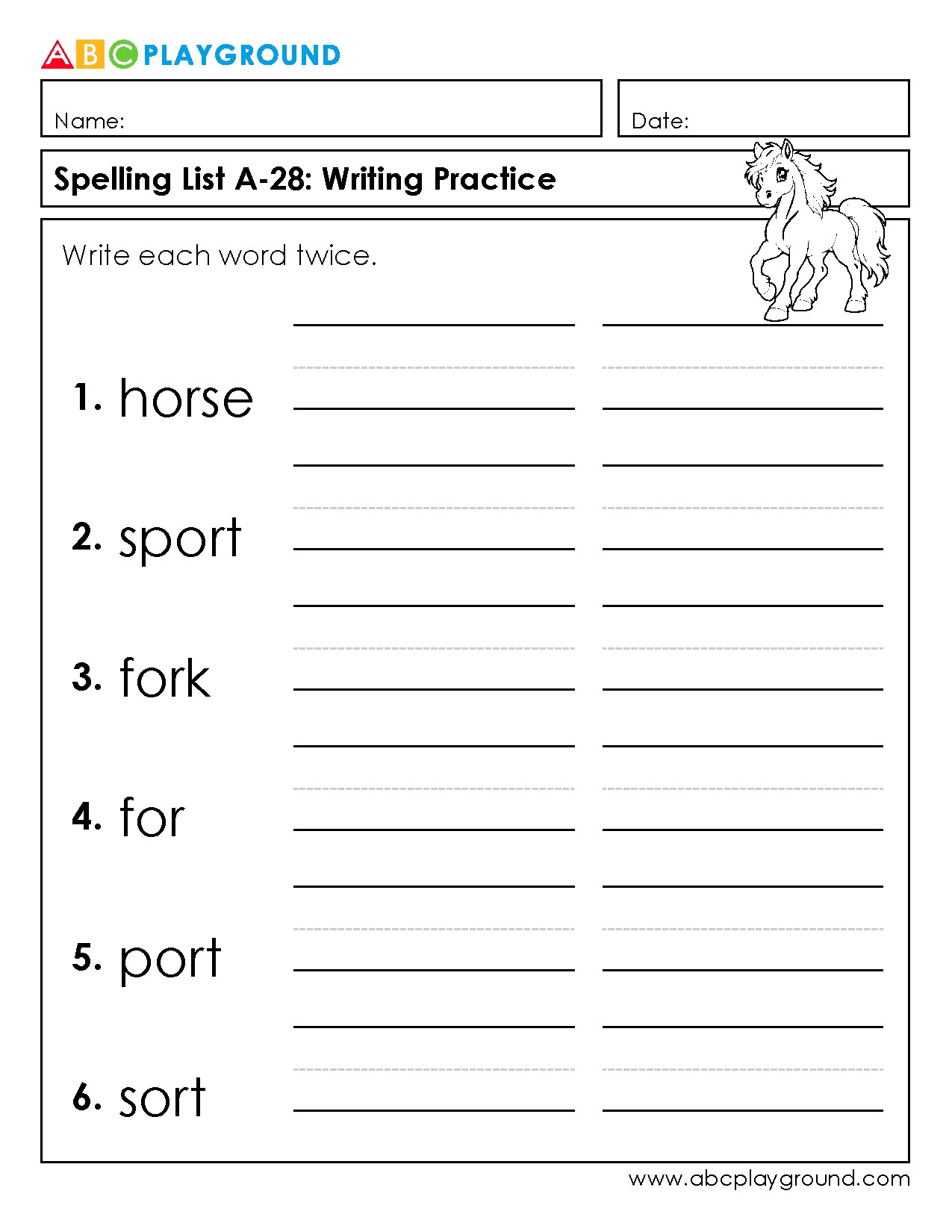 Spelling List A-28 Writing Practice Worksheet
