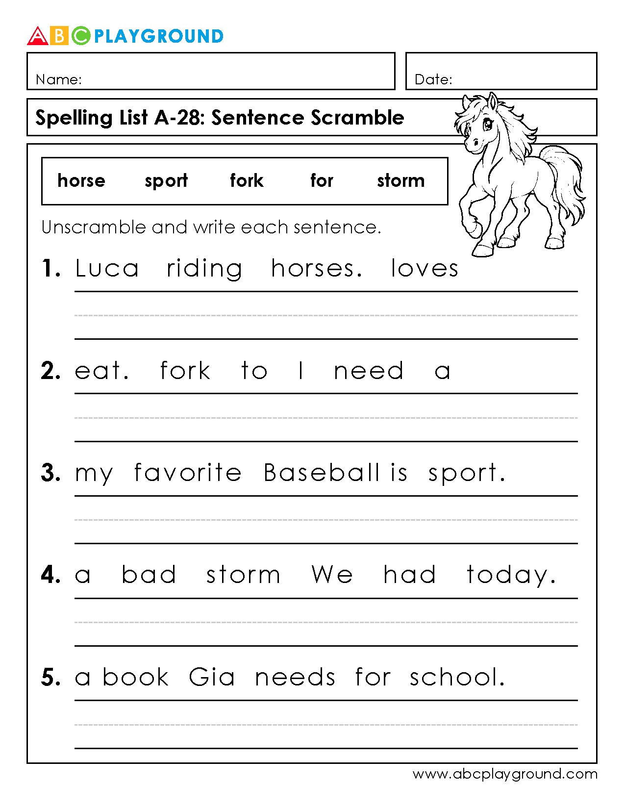 Sentence Scramble Worksheet for Spelling Practice