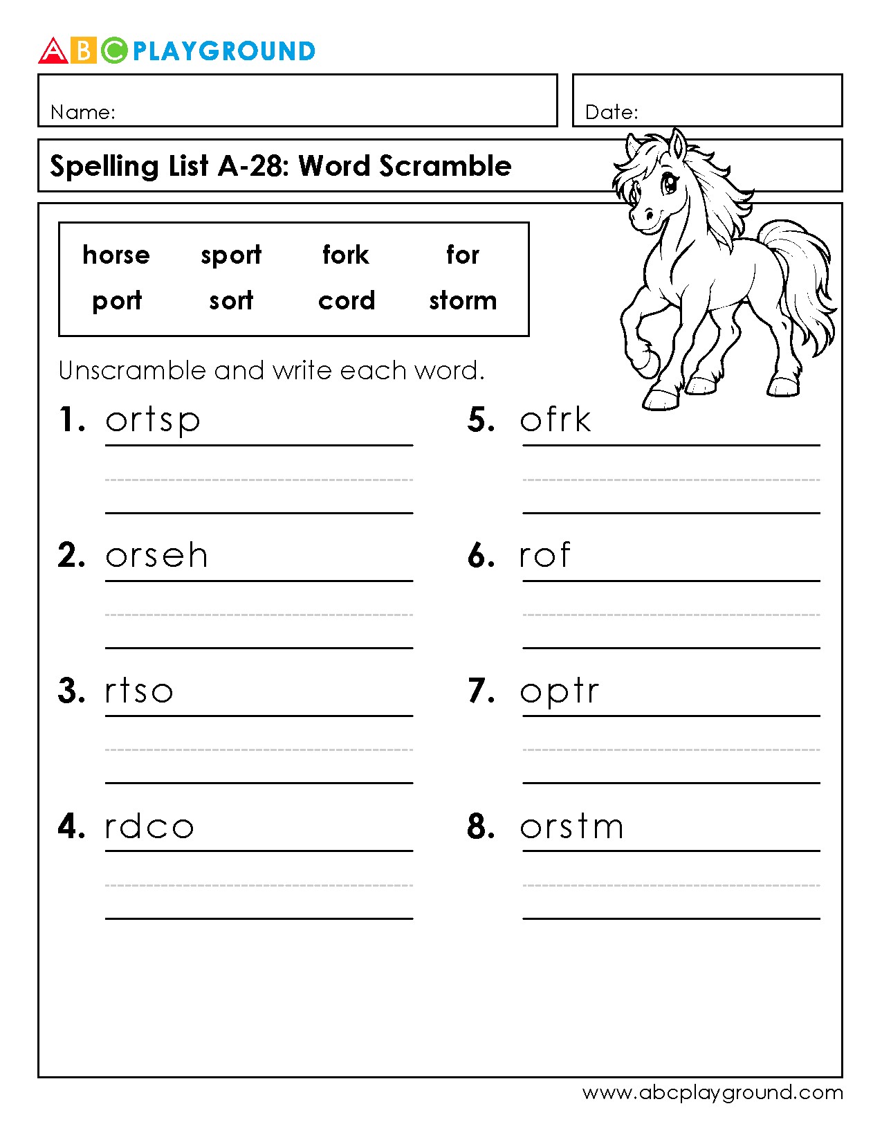 Word Scramble Spelling Practice Worksheet