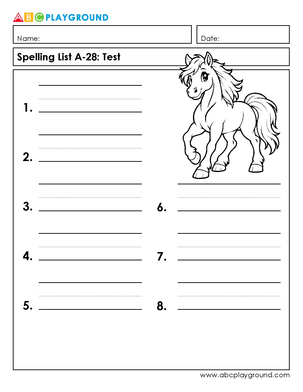 Printable Spelling Test Worksheet with Fun Horse Illustration