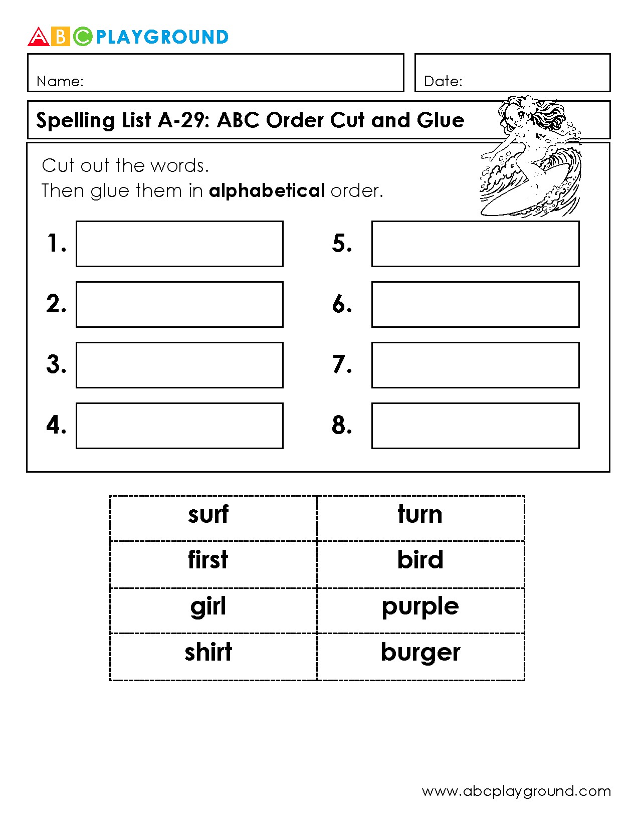 Alphabetical Order Cut and Glue Spelling Activity