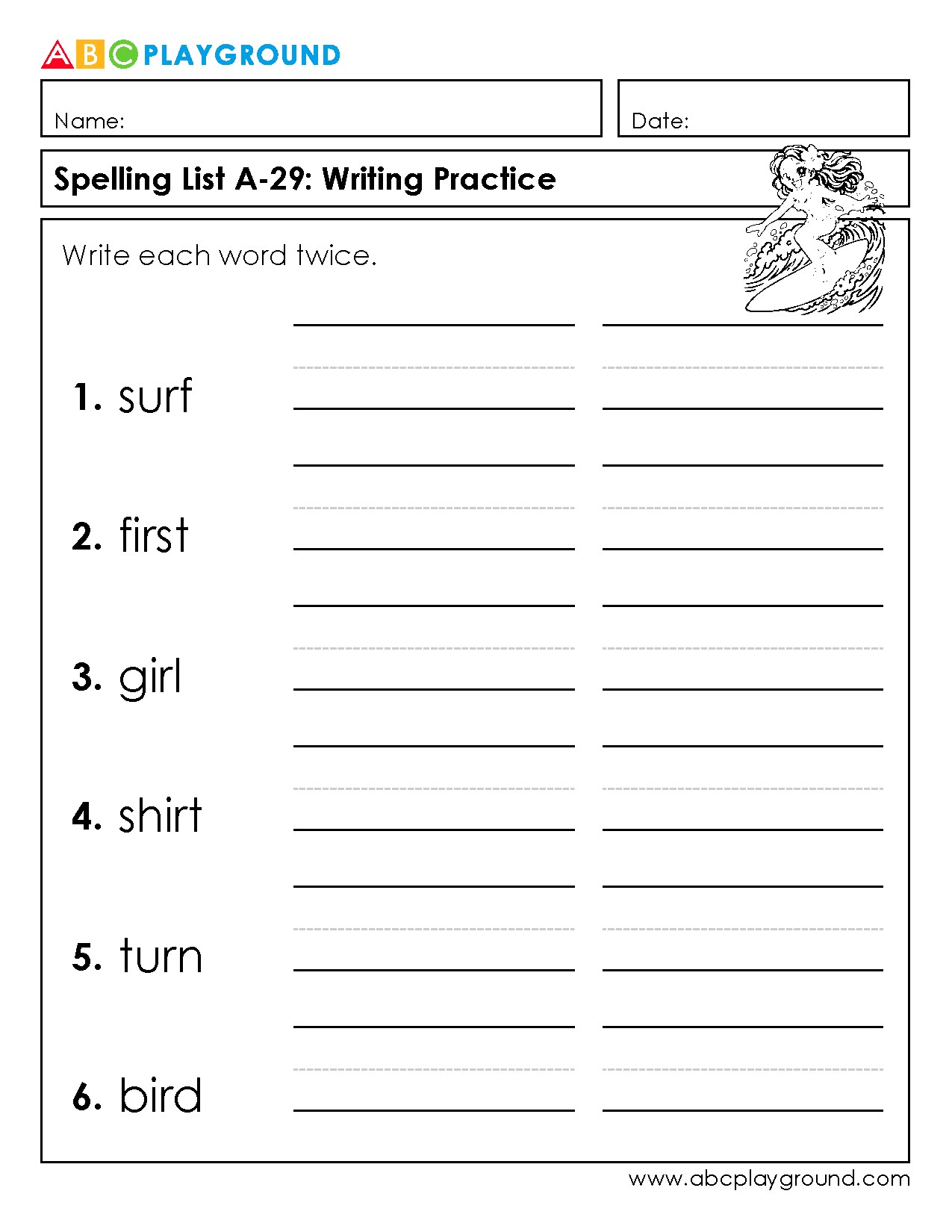 Spelling List A-29 Writing Practice Worksheet