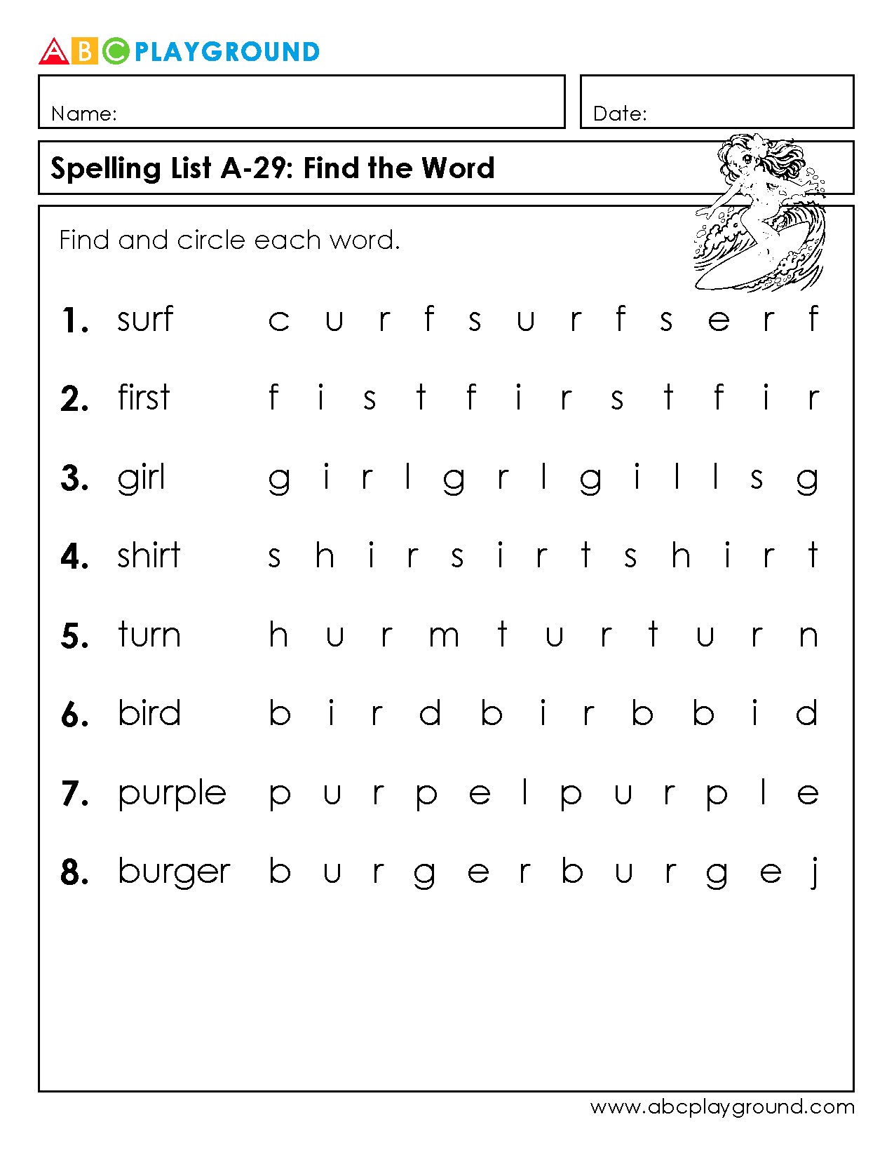 Find and Circle the Words Spelling Puzzle