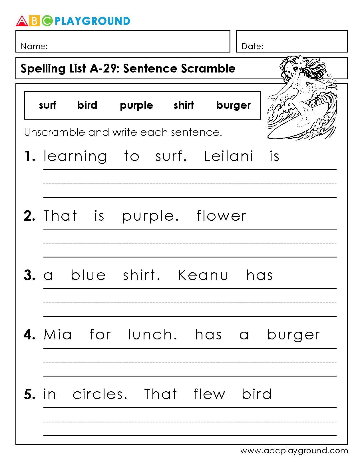 Sentence Scramble Worksheet for Spelling Practice