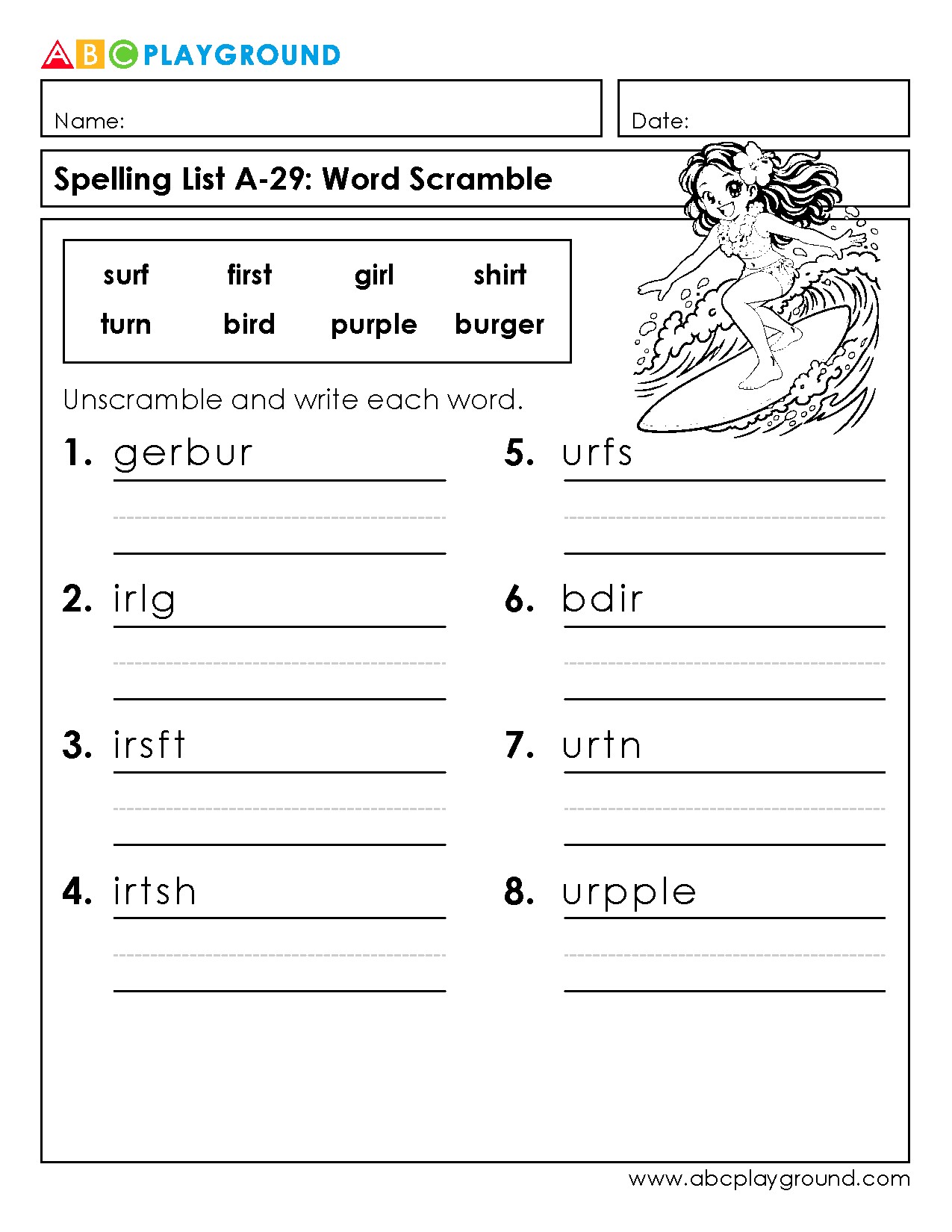 Word Scramble Spelling Practice Worksheet