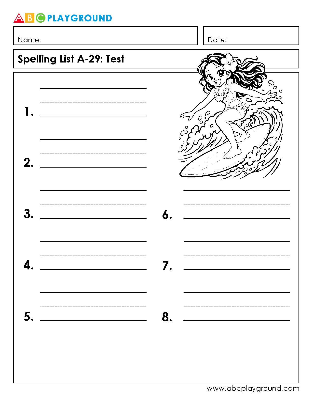 Printable Spelling Test Worksheet with Fun Surfing Theme