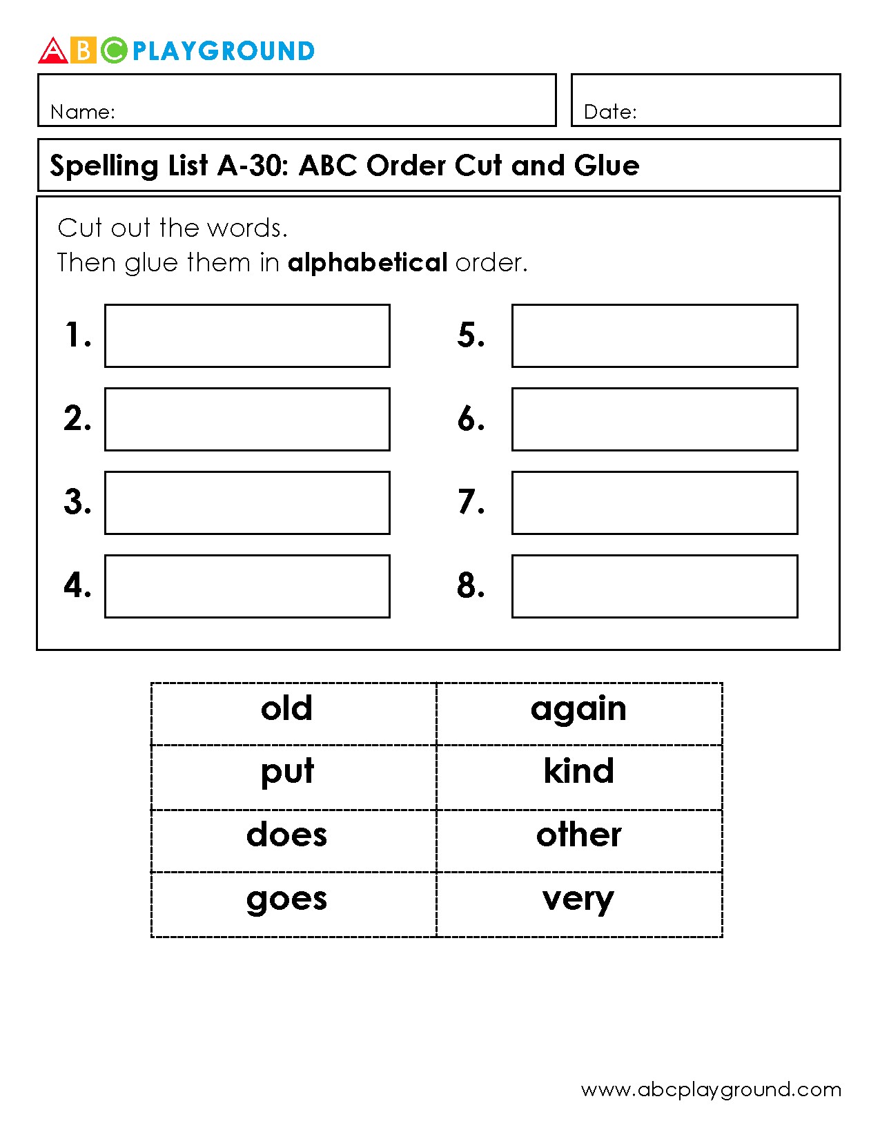 Alphabetical Order Cut and Glue Spelling Activity