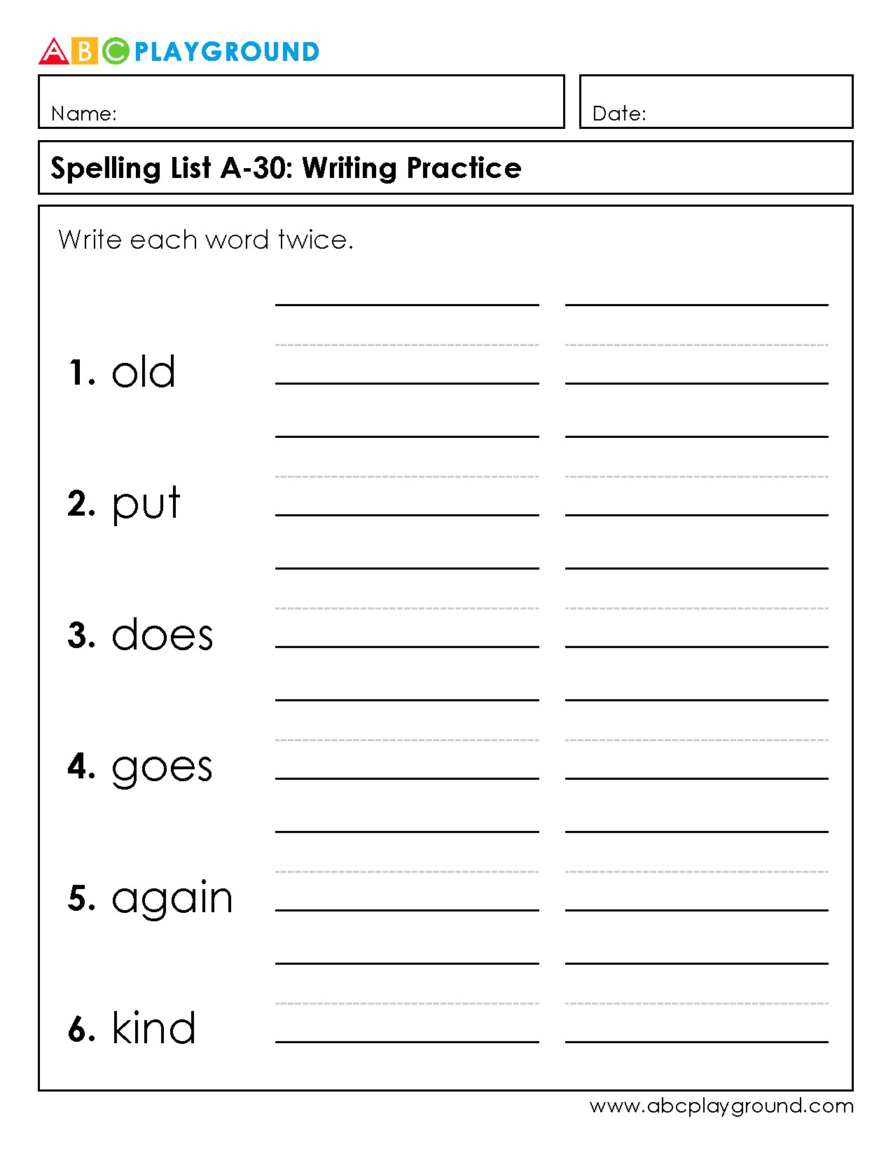 Spelling Practice Worksheet for Common Words