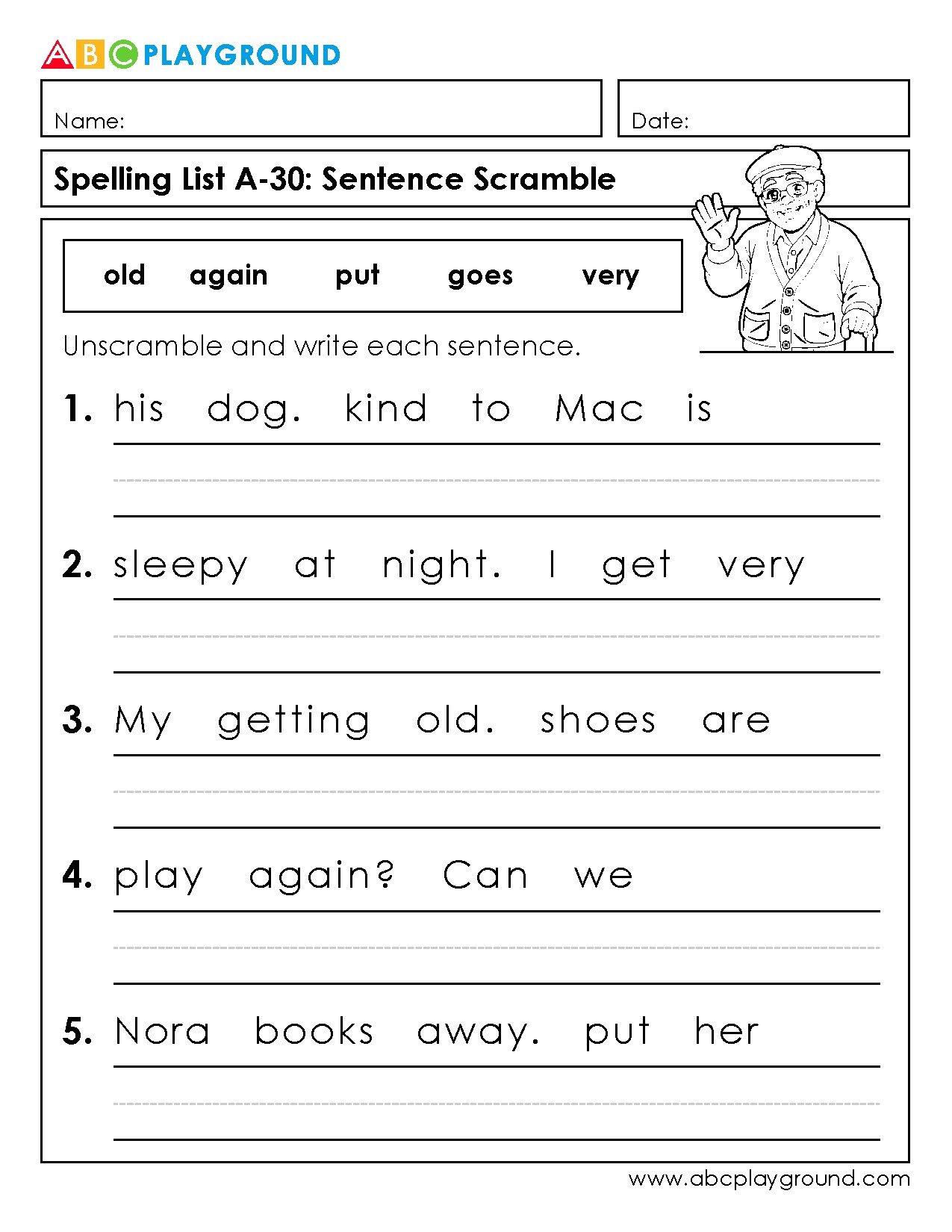 Sentence Scramble Spelling Practice Worksheet
