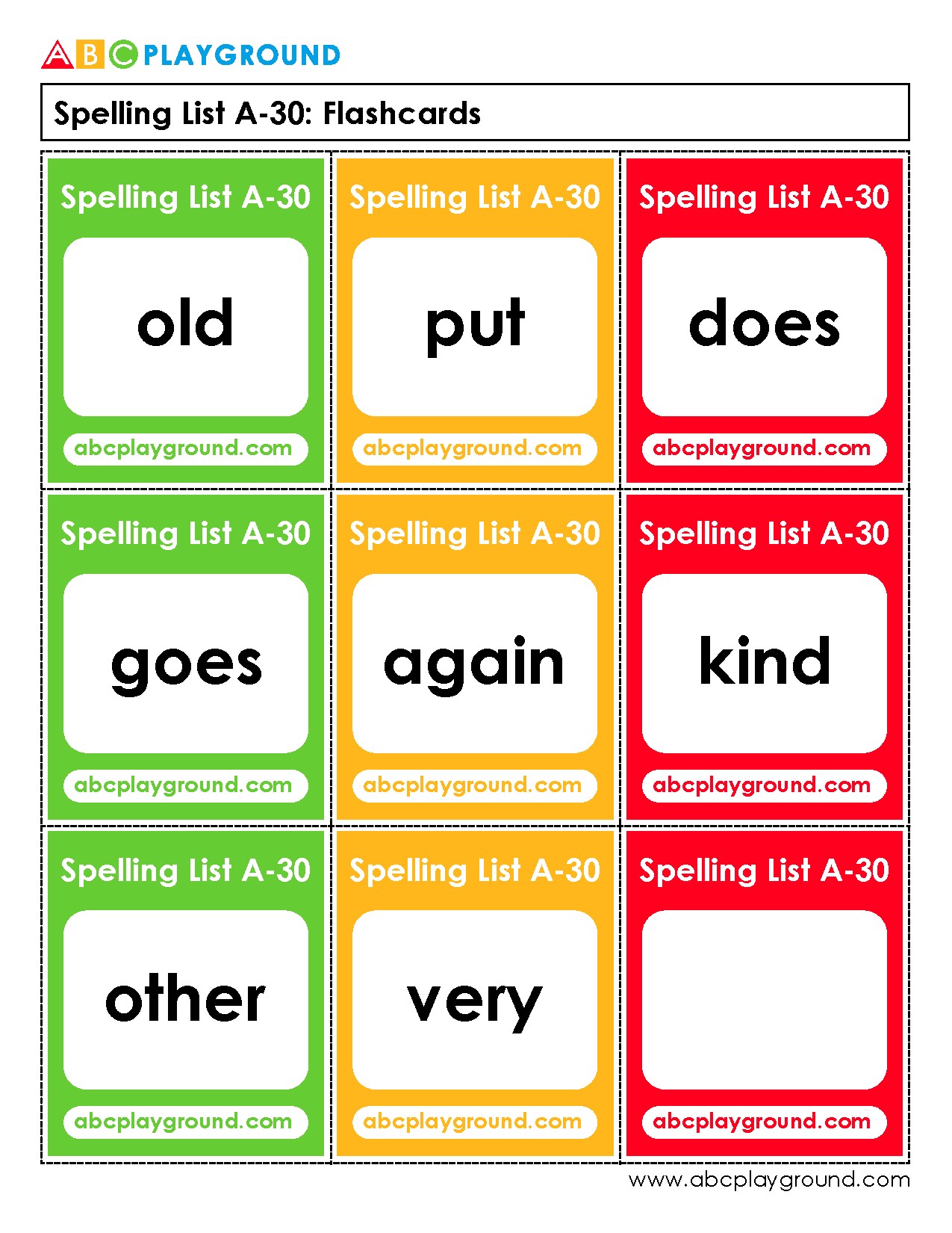 Spelling List A-30 Flashcards for Vocabulary Practice