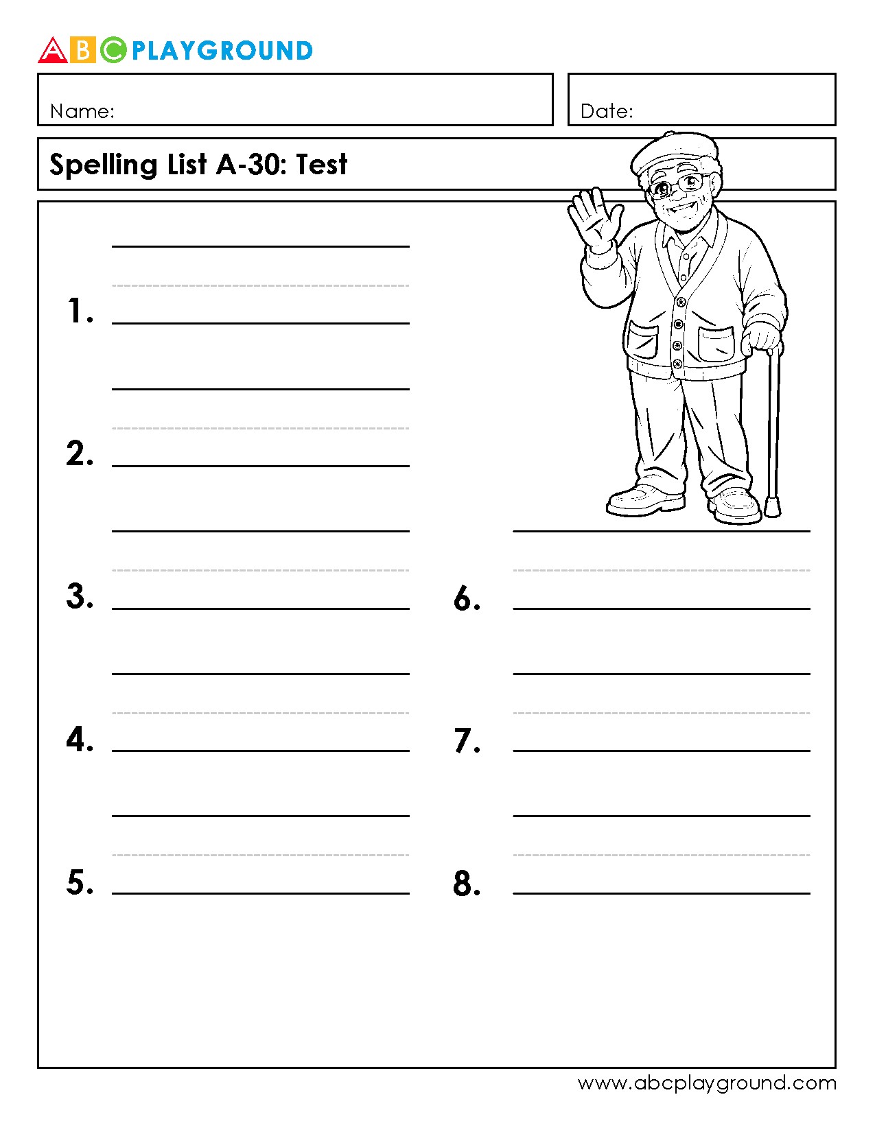 Spelling Test Worksheet with Numbered Writing Lines