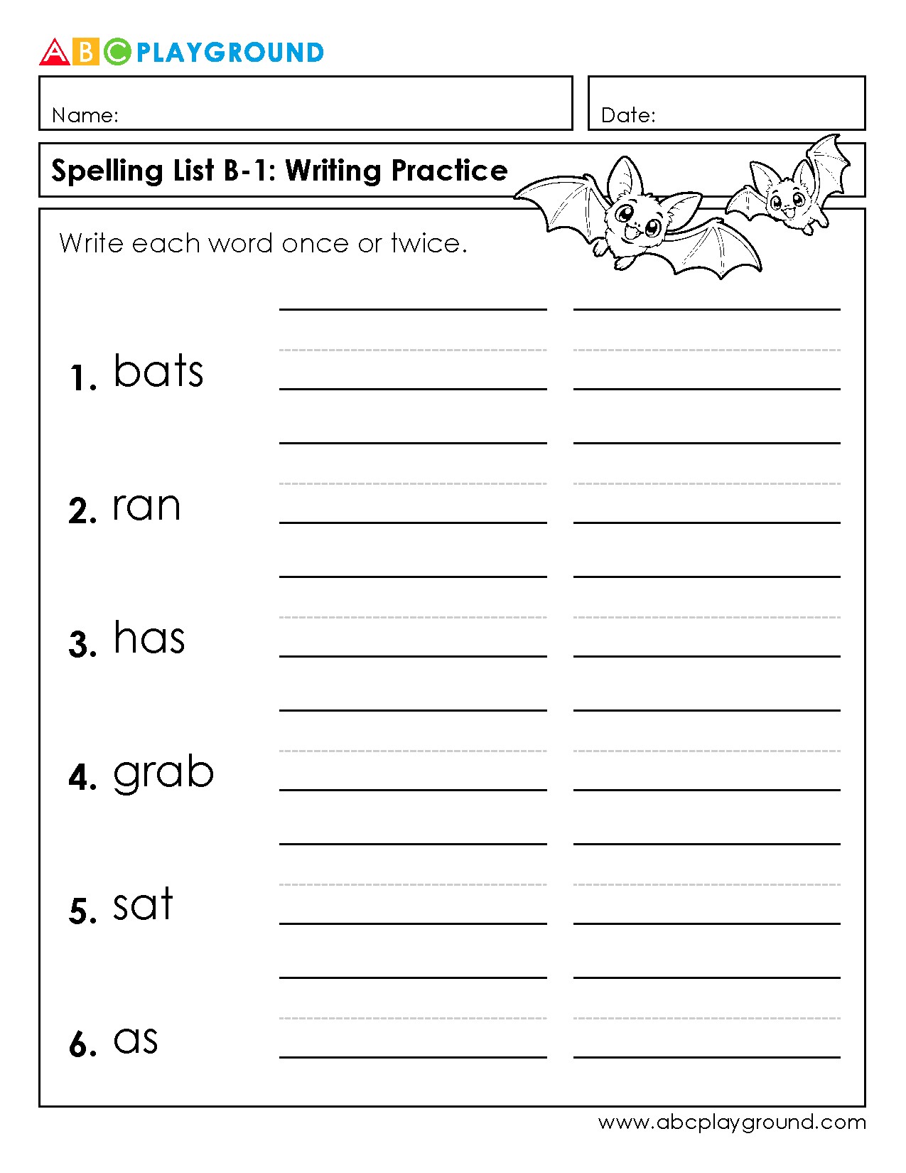 Spelling List B-1 Writing Practice Worksheet