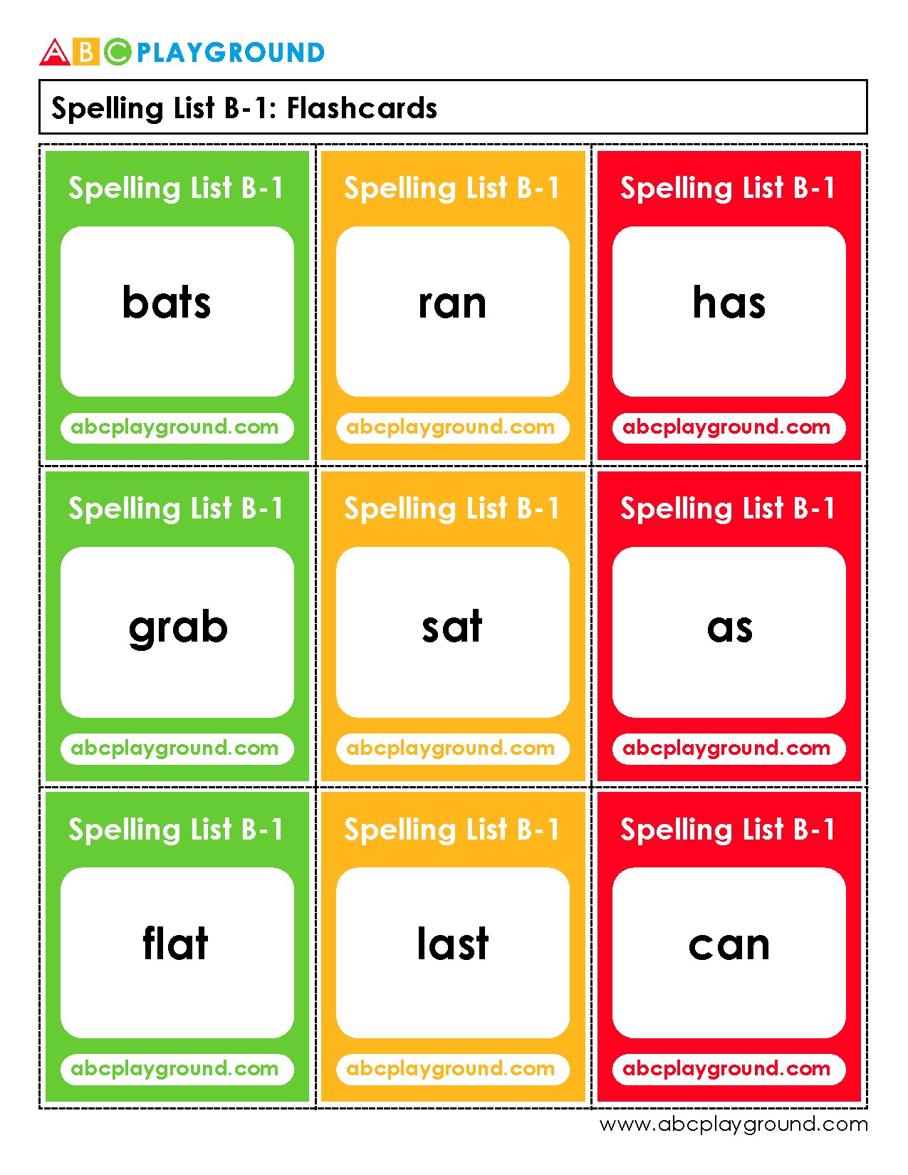 Spelling List B-1 Flashcards for Early Readers