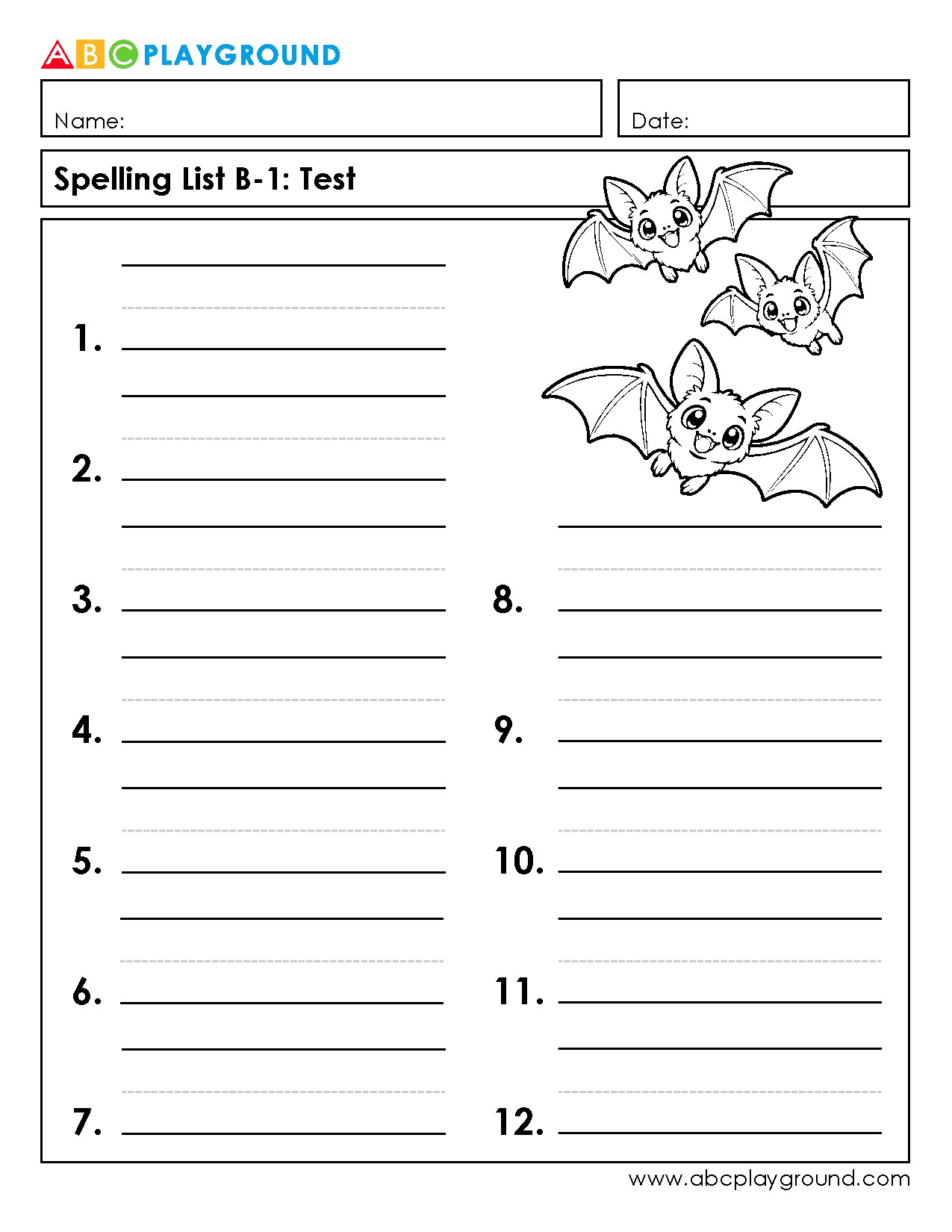 Spelling Test Worksheet with Bat Decorations