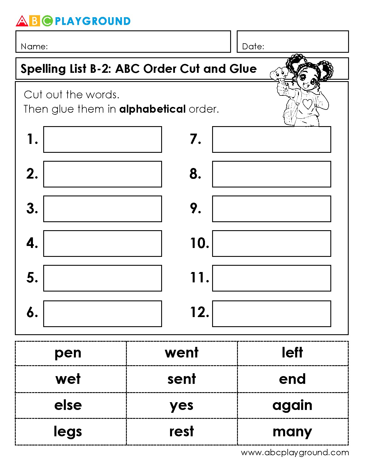 Alphabetical Order Cut and Glue Spelling Activity
