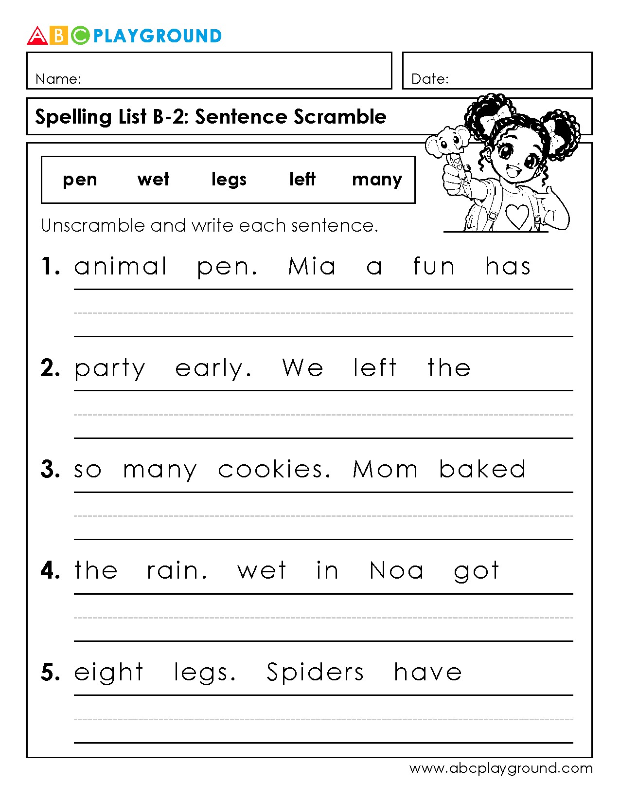 Sentence Scramble Worksheet for Early Spelling Practice