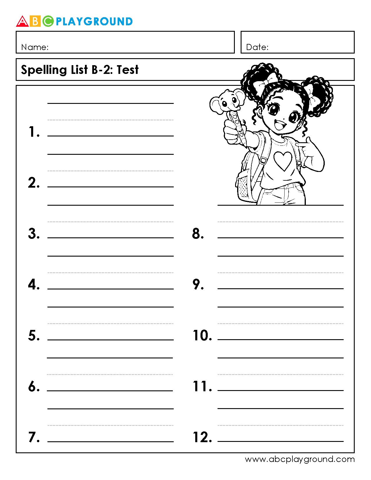 Printable Spelling Test Worksheet for Early Elementary Students
