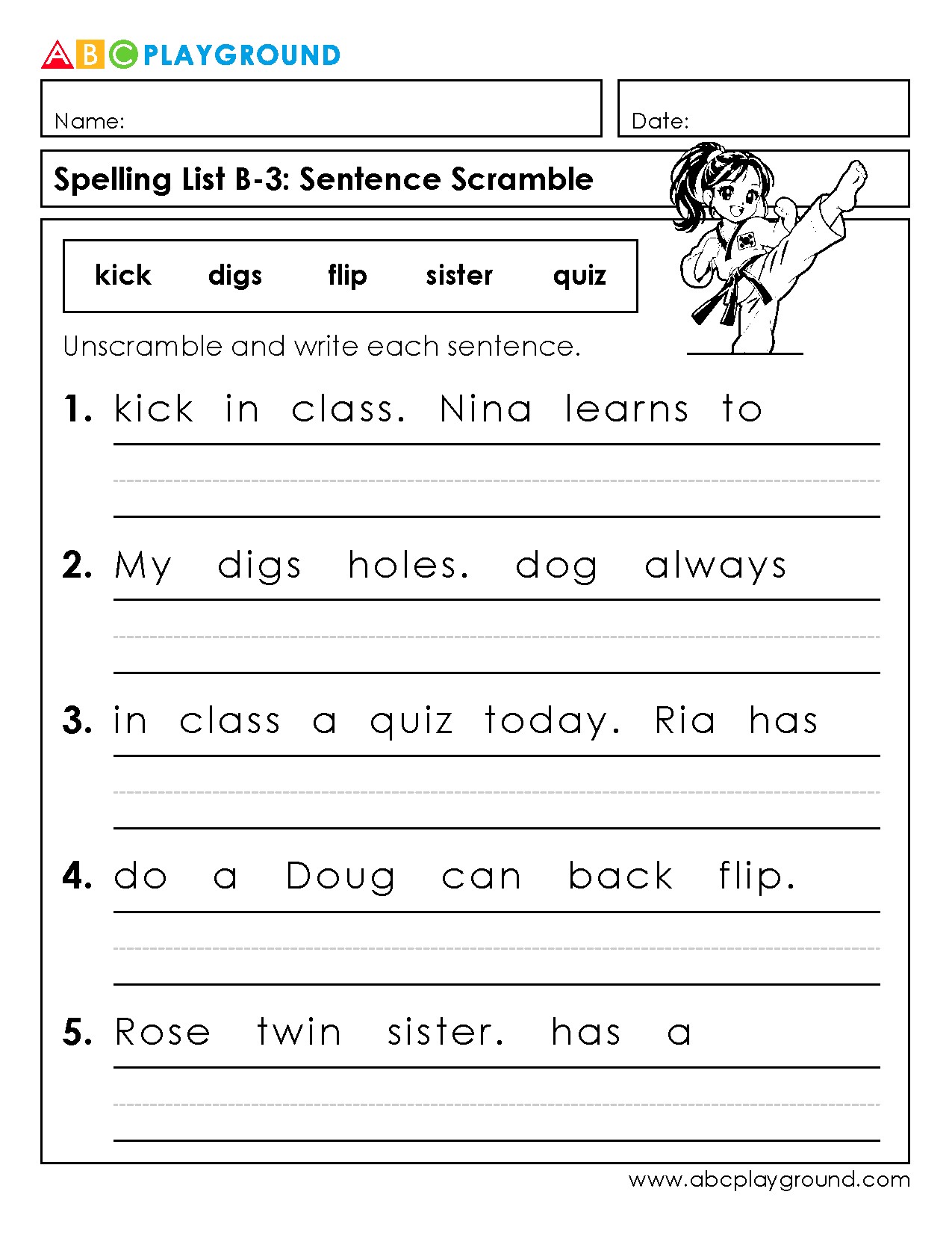 Sentence Scramble Spelling Practice Worksheet