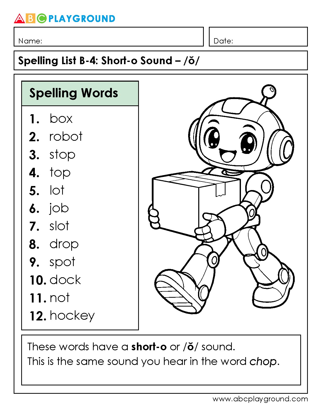 Short-O Sound Spelling List for Early Readers