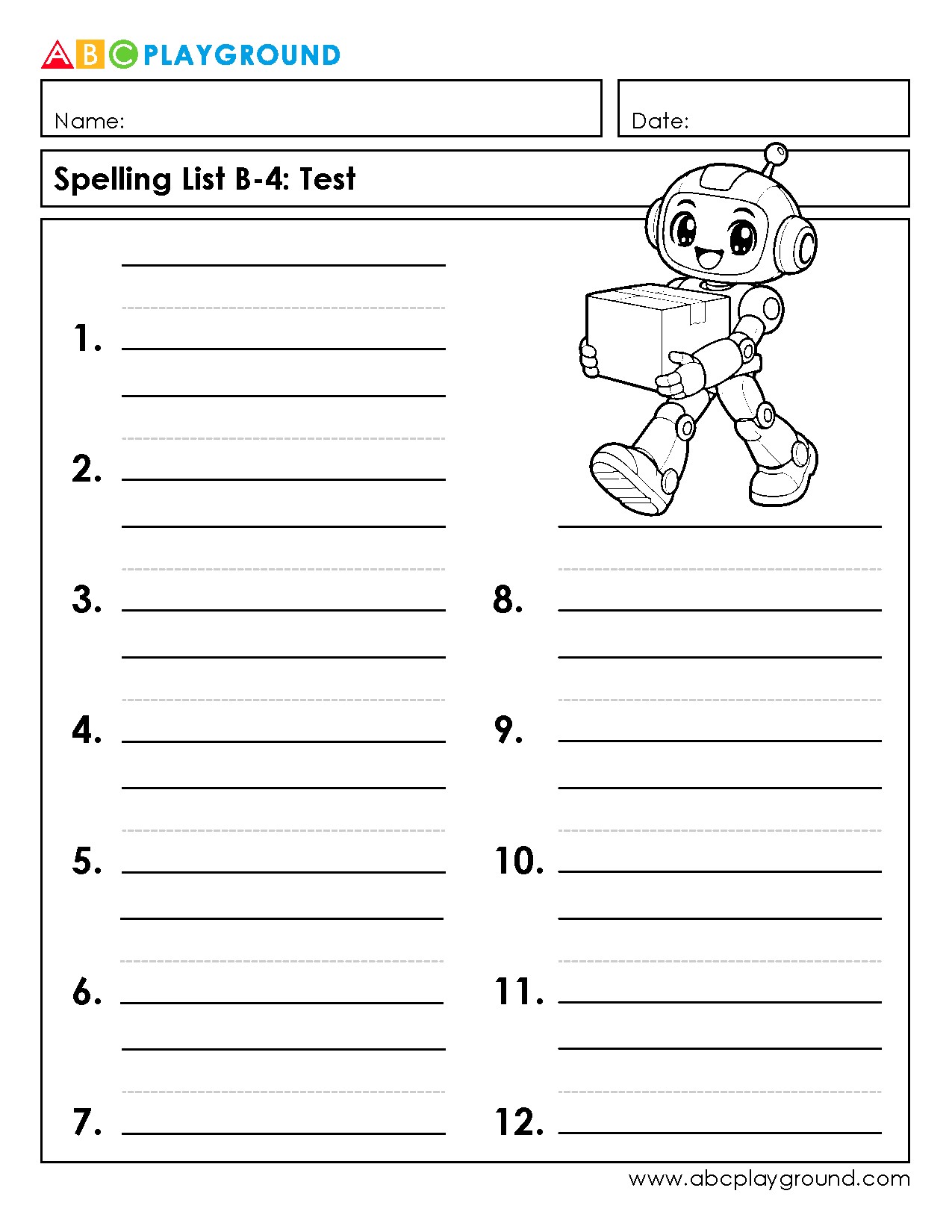 Printable Spelling List B-4 Test Worksheet for Practice