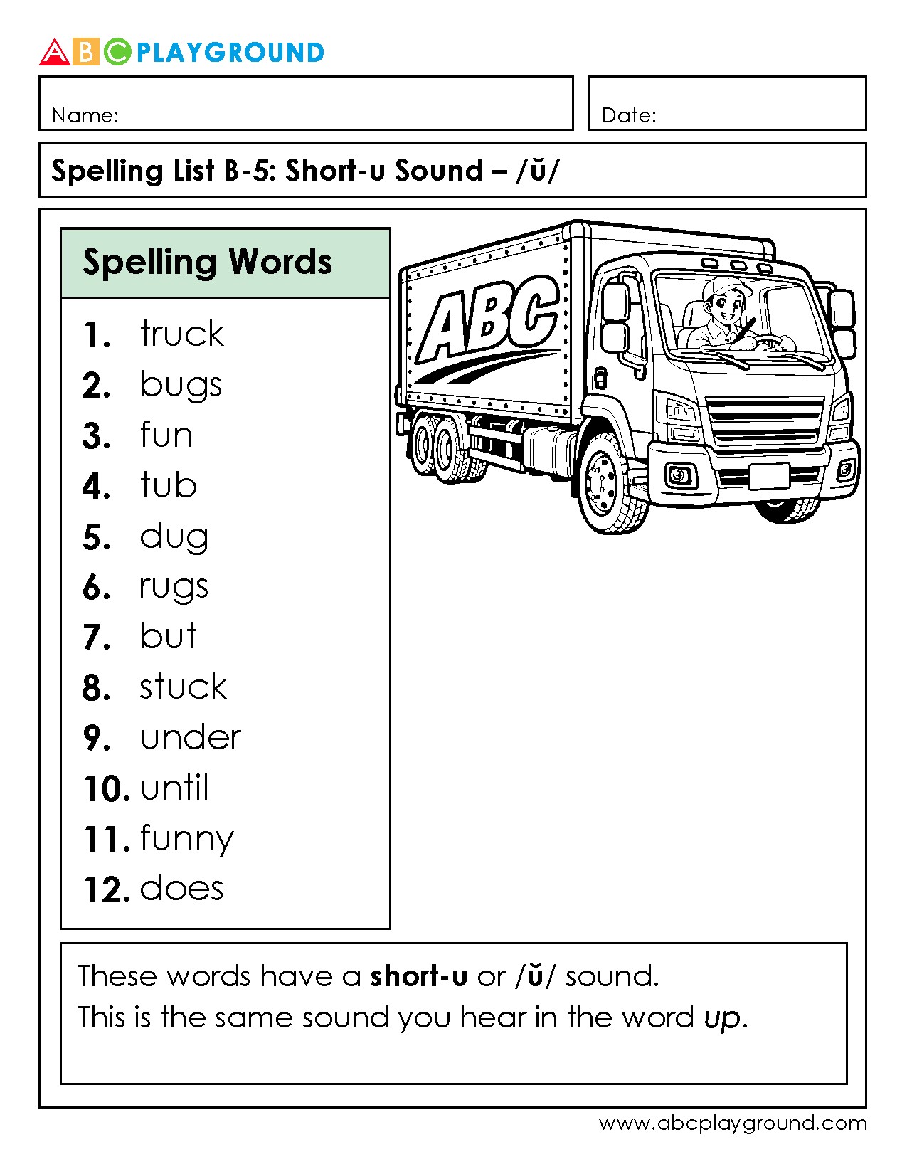Short-U Sound Spelling List with Common Words