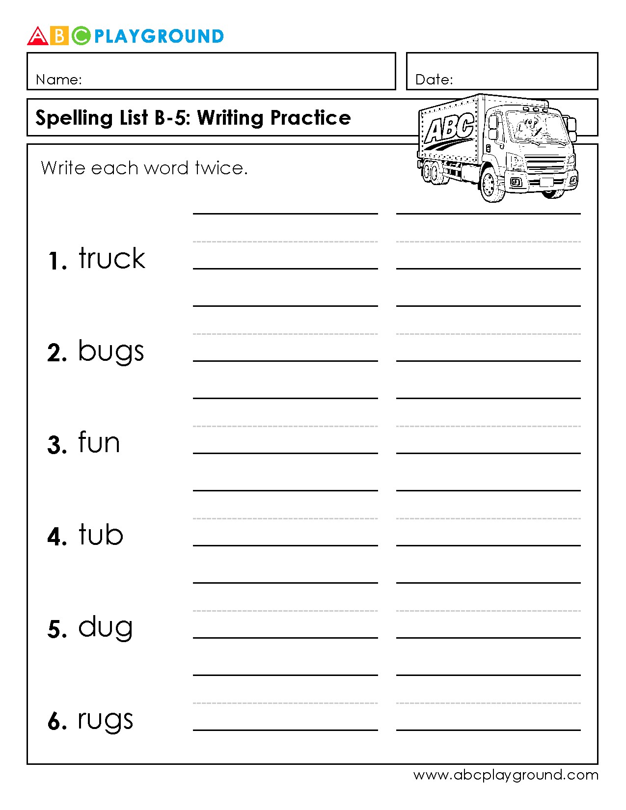Spelling List B-5 Writing Practice Worksheet