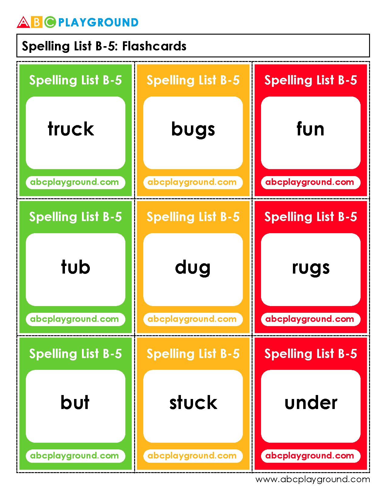 Spelling List B-5 Flashcards for Early Literacy Practice