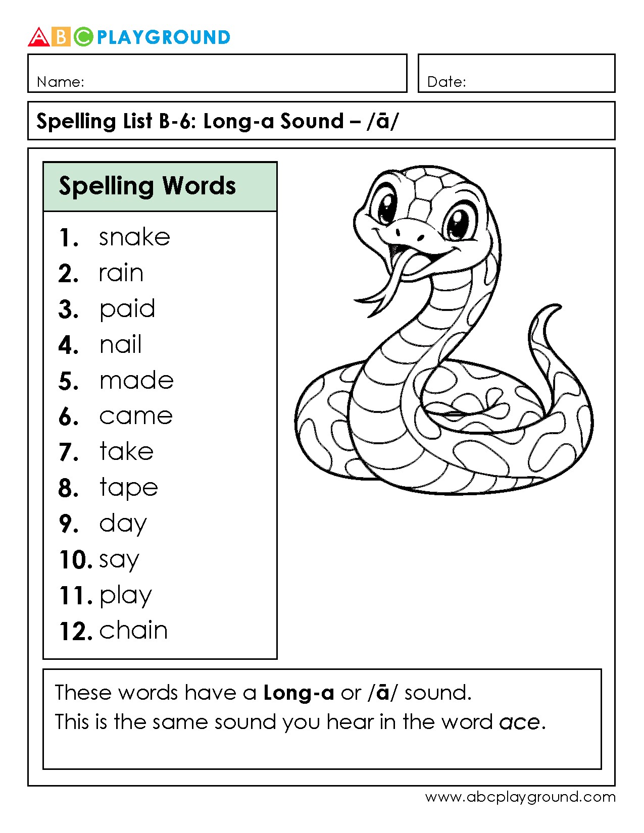 Spelling List for Long-A Sound Words with Fun Practice