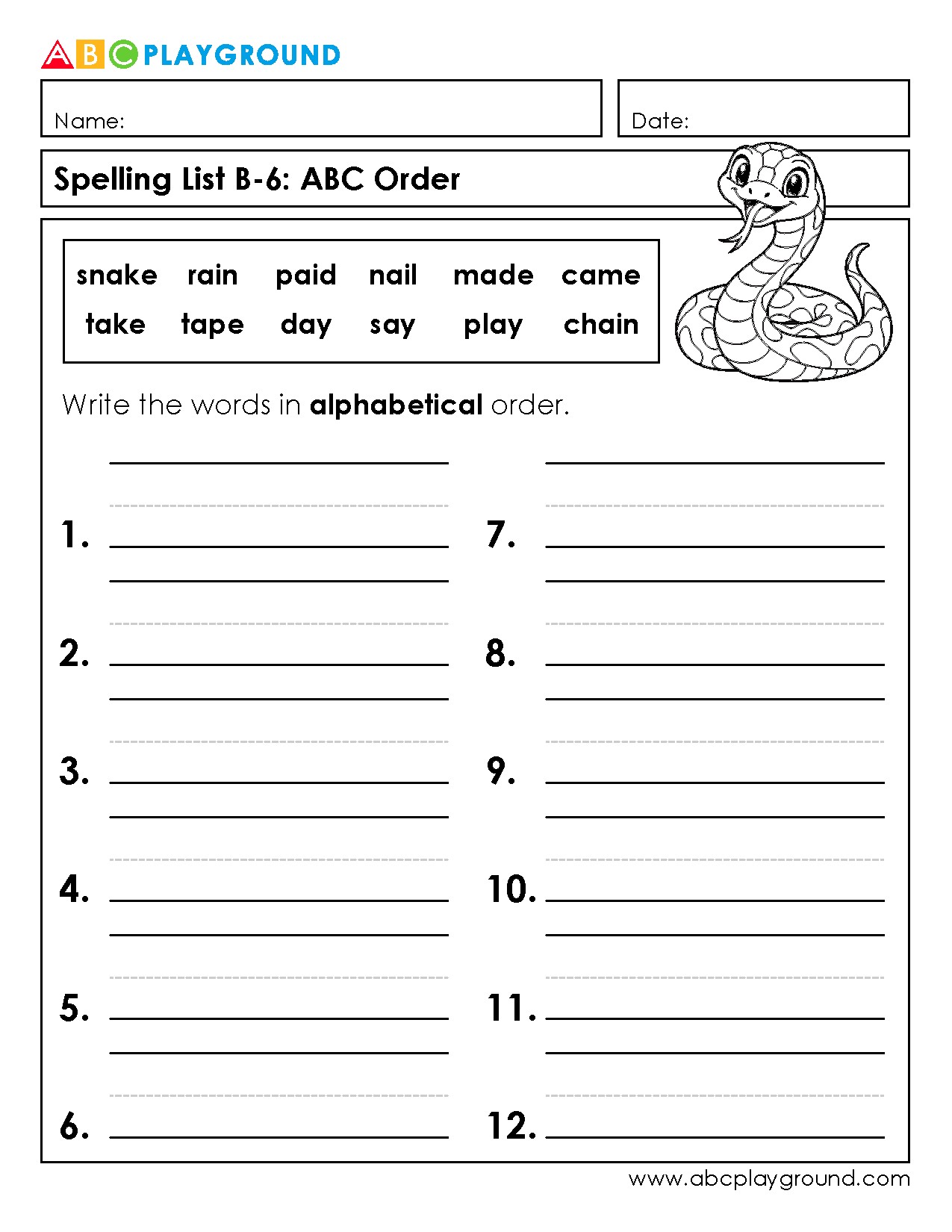 Practice Alphabetical Order with Spelling Words Worksheet