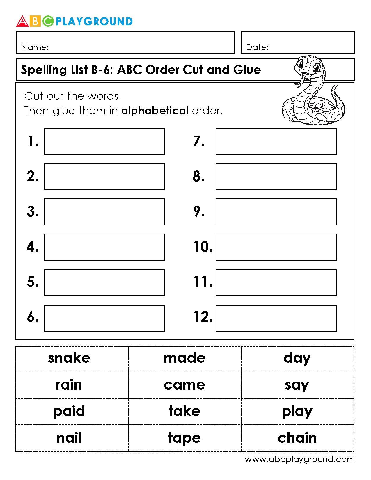 Alphabetical Order Cut and Glue Spelling Activity