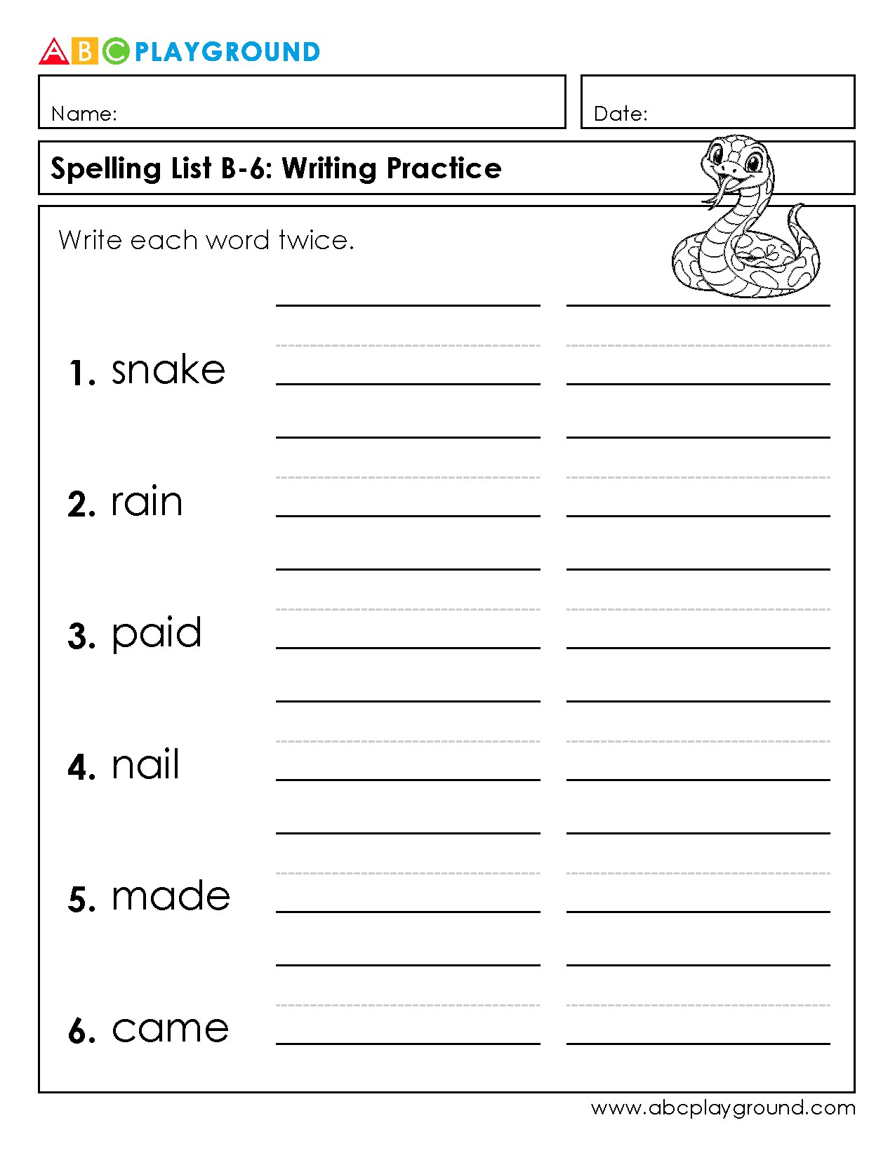 Spelling List B-6 Writing Practice Worksheet