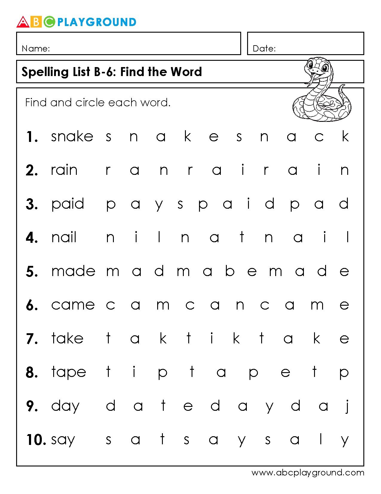 Word Search Spelling List B-6: Find and Circle Each Word