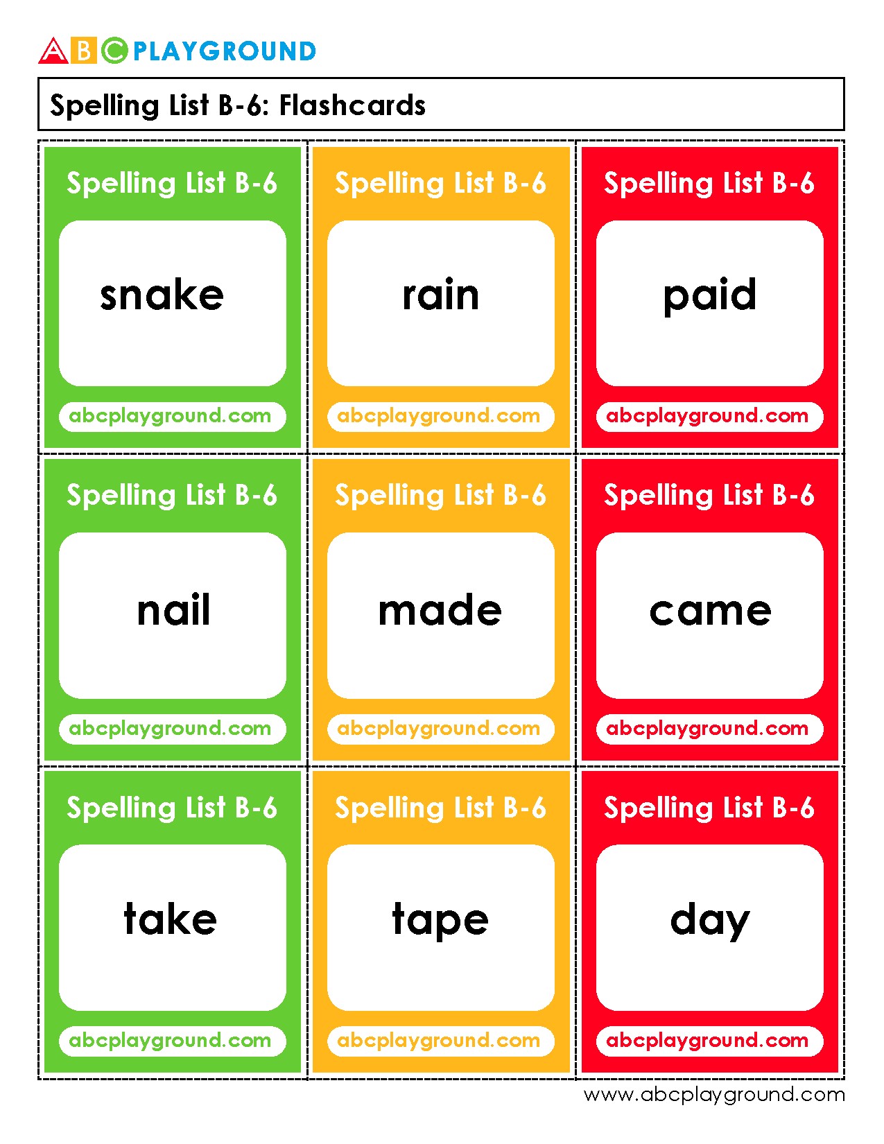 Spelling List B-6 Flashcards for Learning and Practice