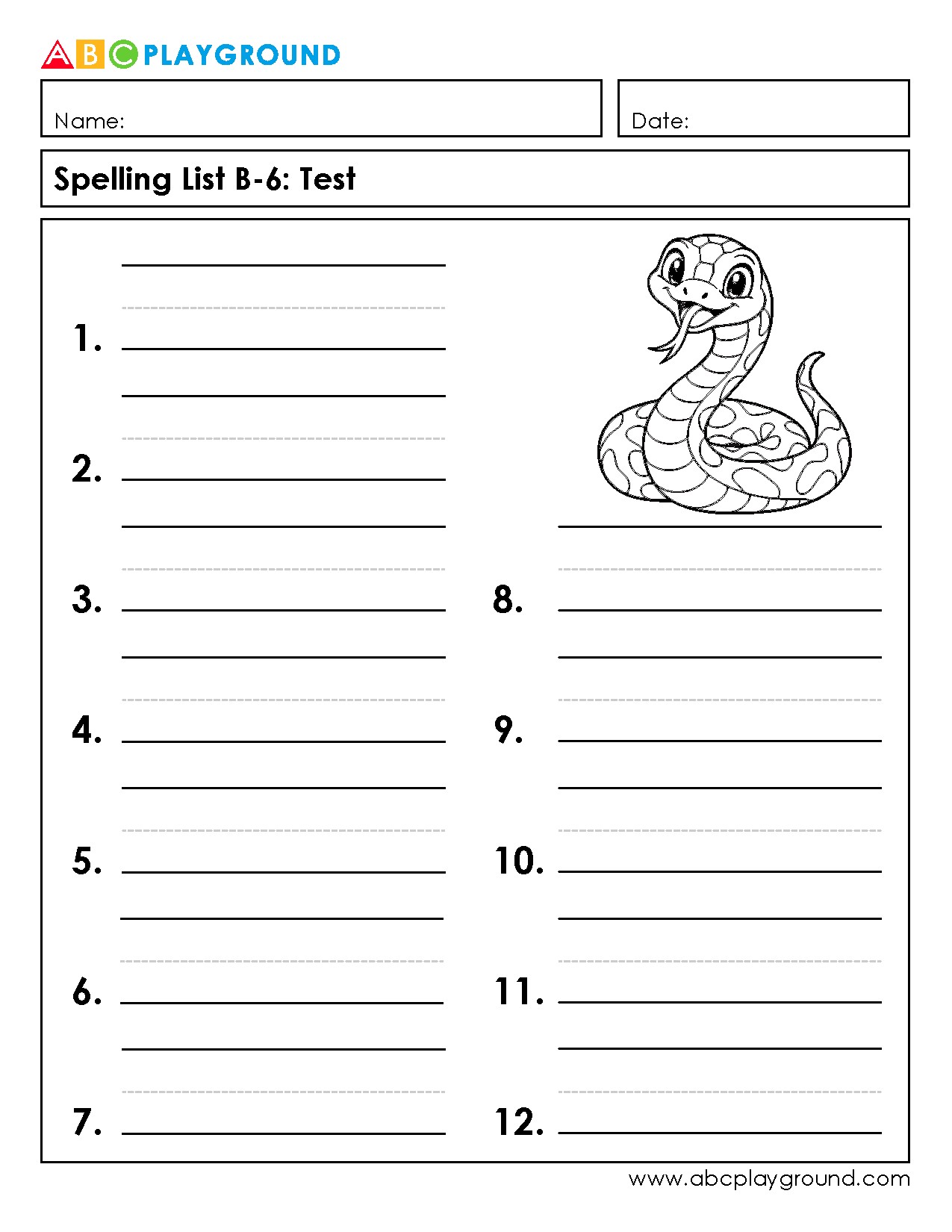 Printable Spelling Test Worksheet with Fun Snake Illustration