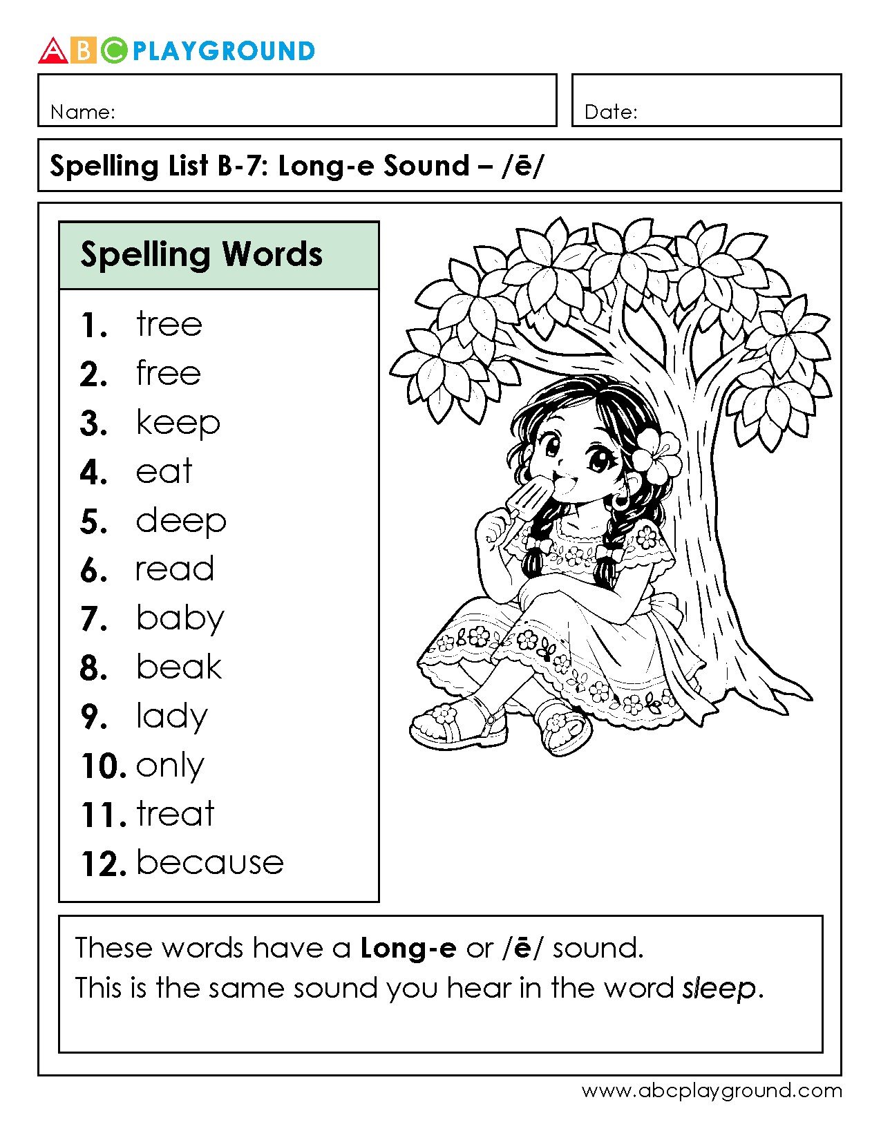 Spelling List Focused on Long-e Sound Words