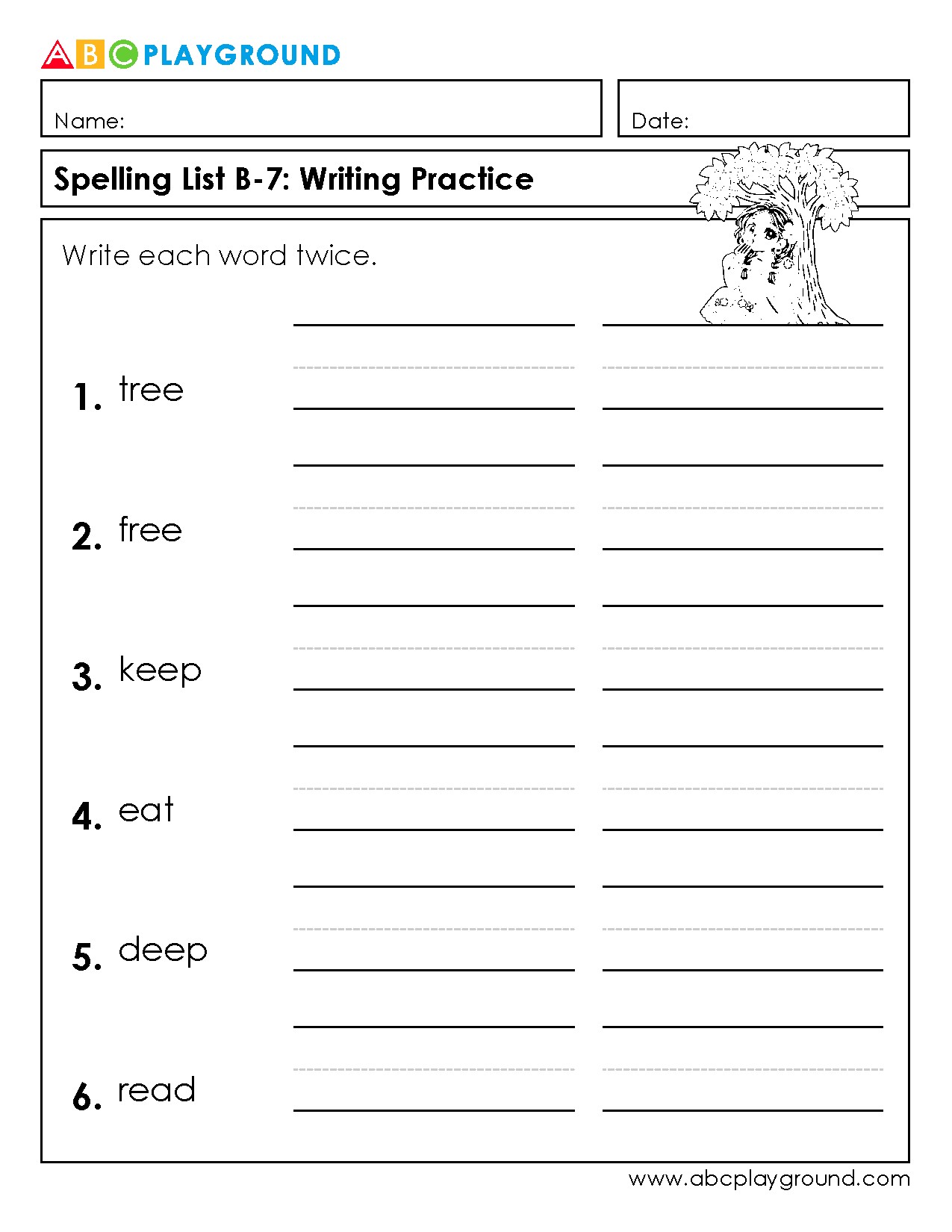 Spelling List B-7 Writing Practice Worksheet