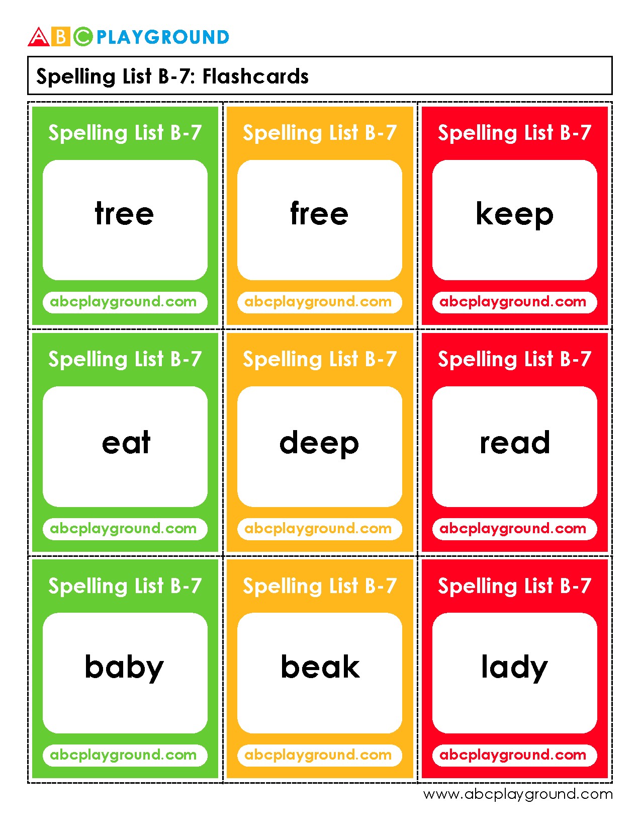 Spelling List B-7 Flashcards for Vocabulary Practice