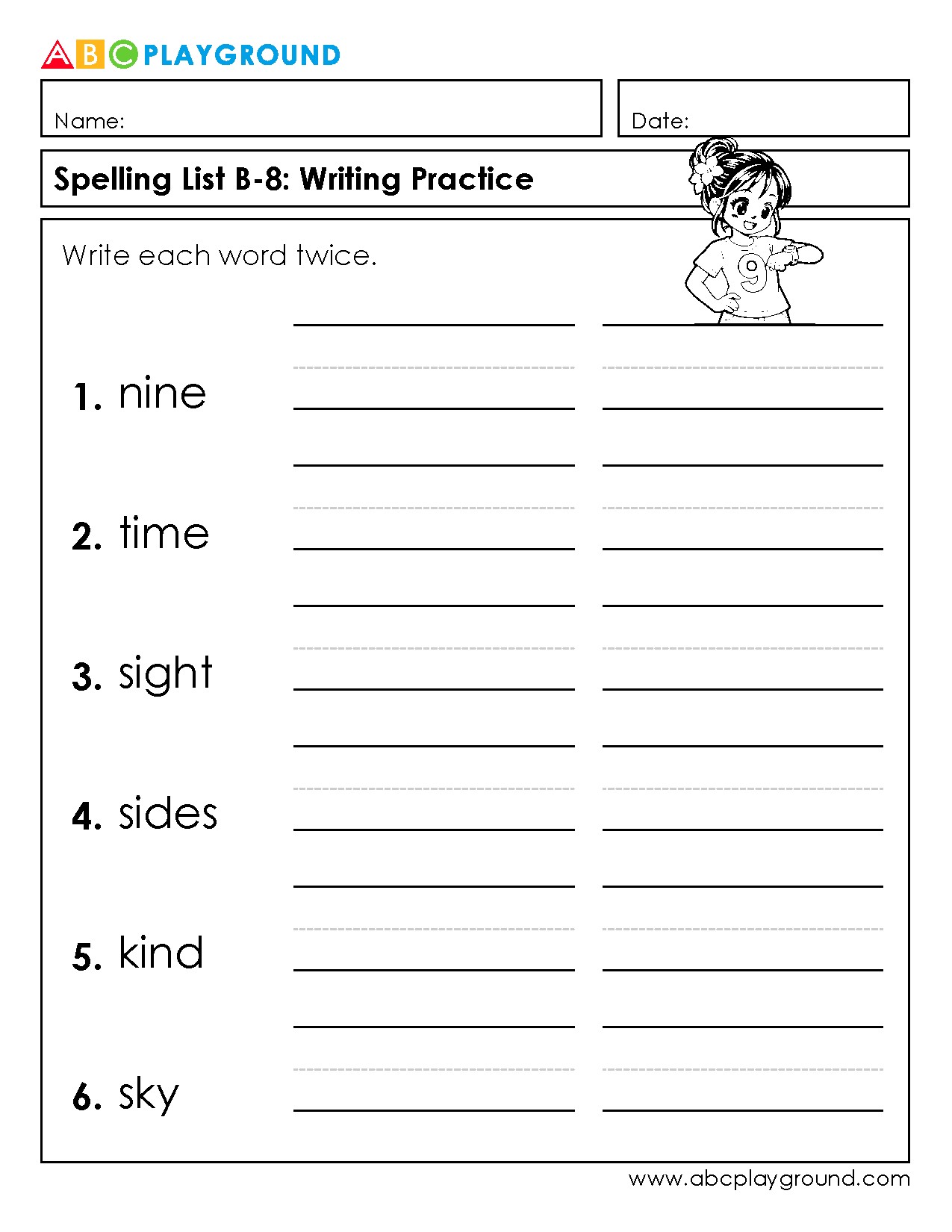 Spelling Practice Worksheet with List B-8 Words
