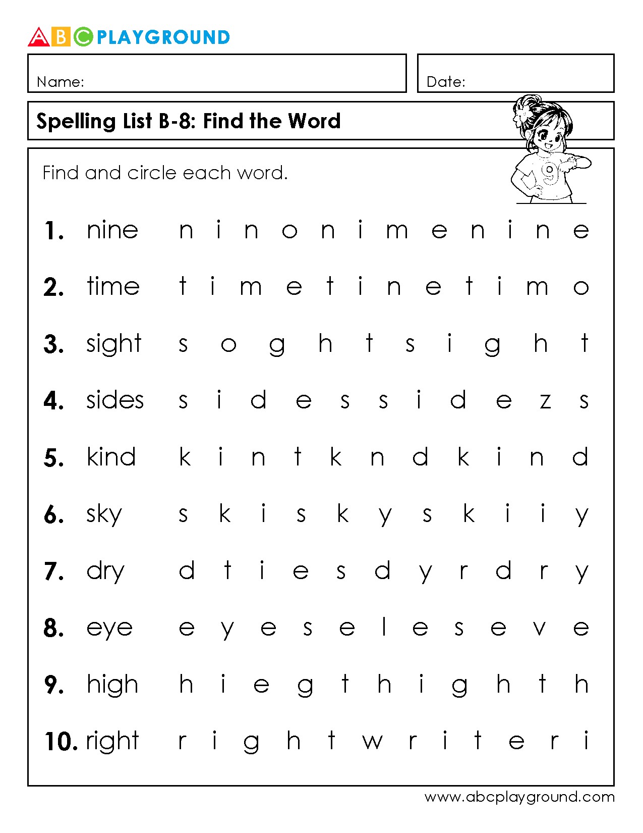 Spelling List B-8: Find and Circle Each Word Worksheet