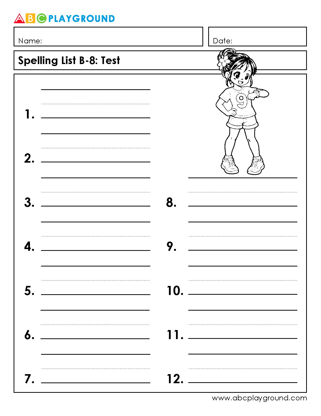 Printable Spelling Test Worksheet for Word Practice