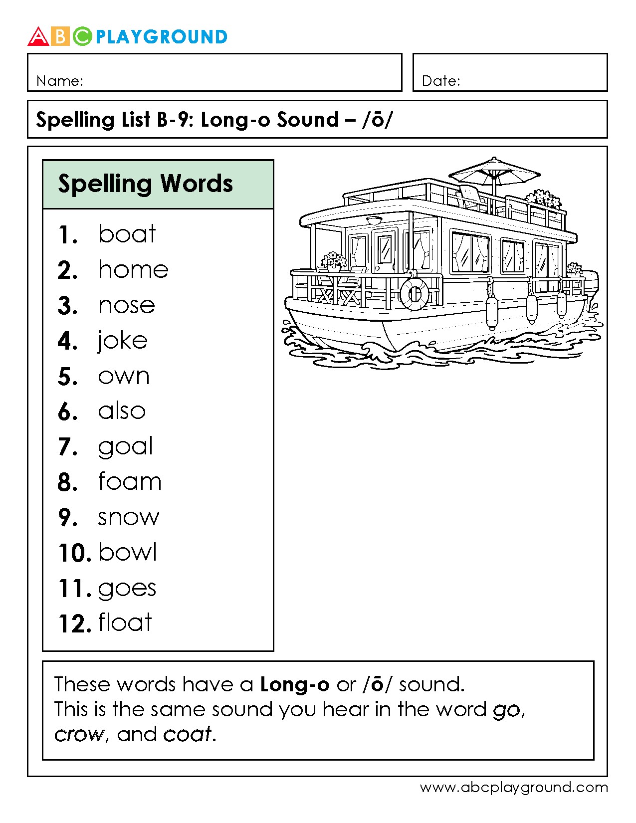 Spelling List Featuring Long-o Sound Words