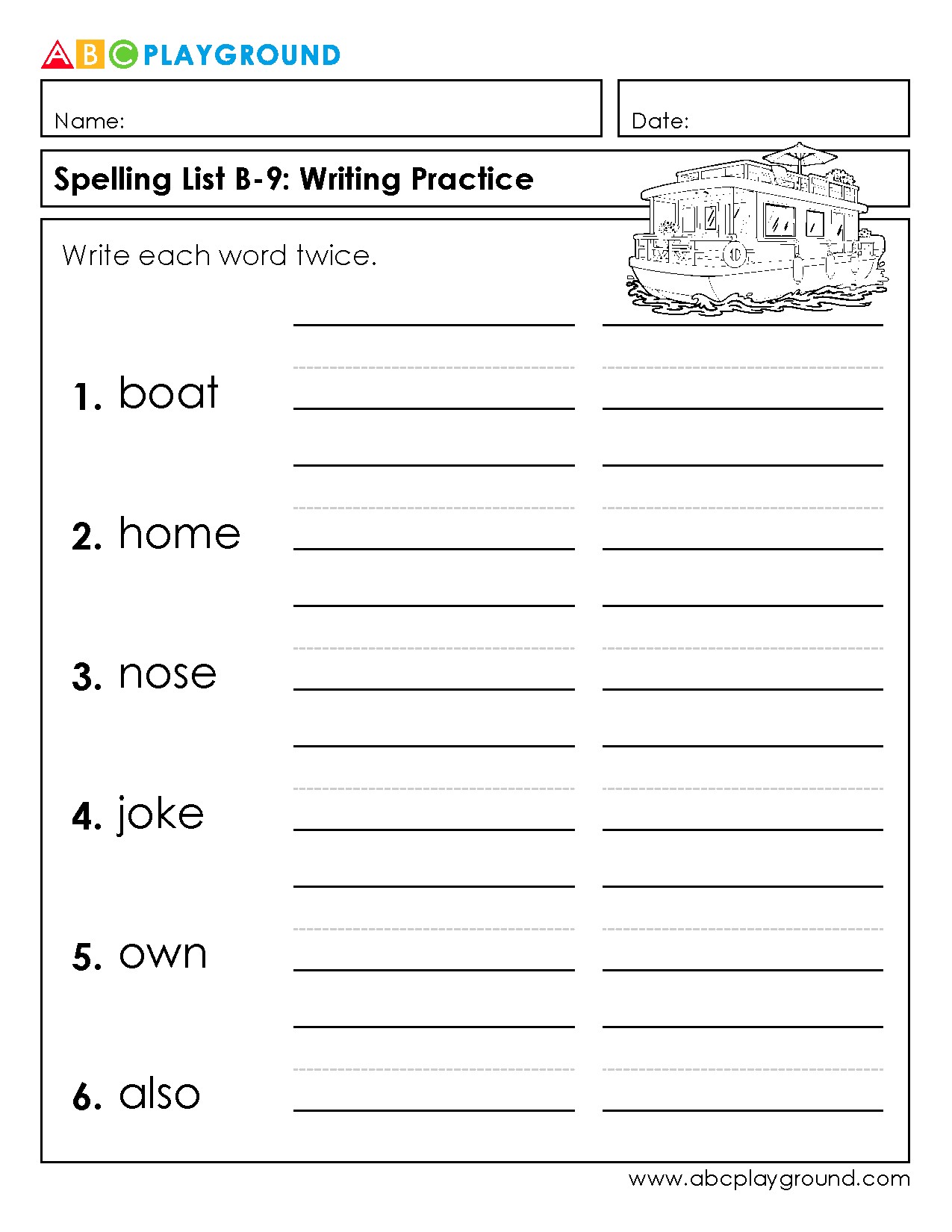 Spelling List B-9 Writing Practice Worksheet